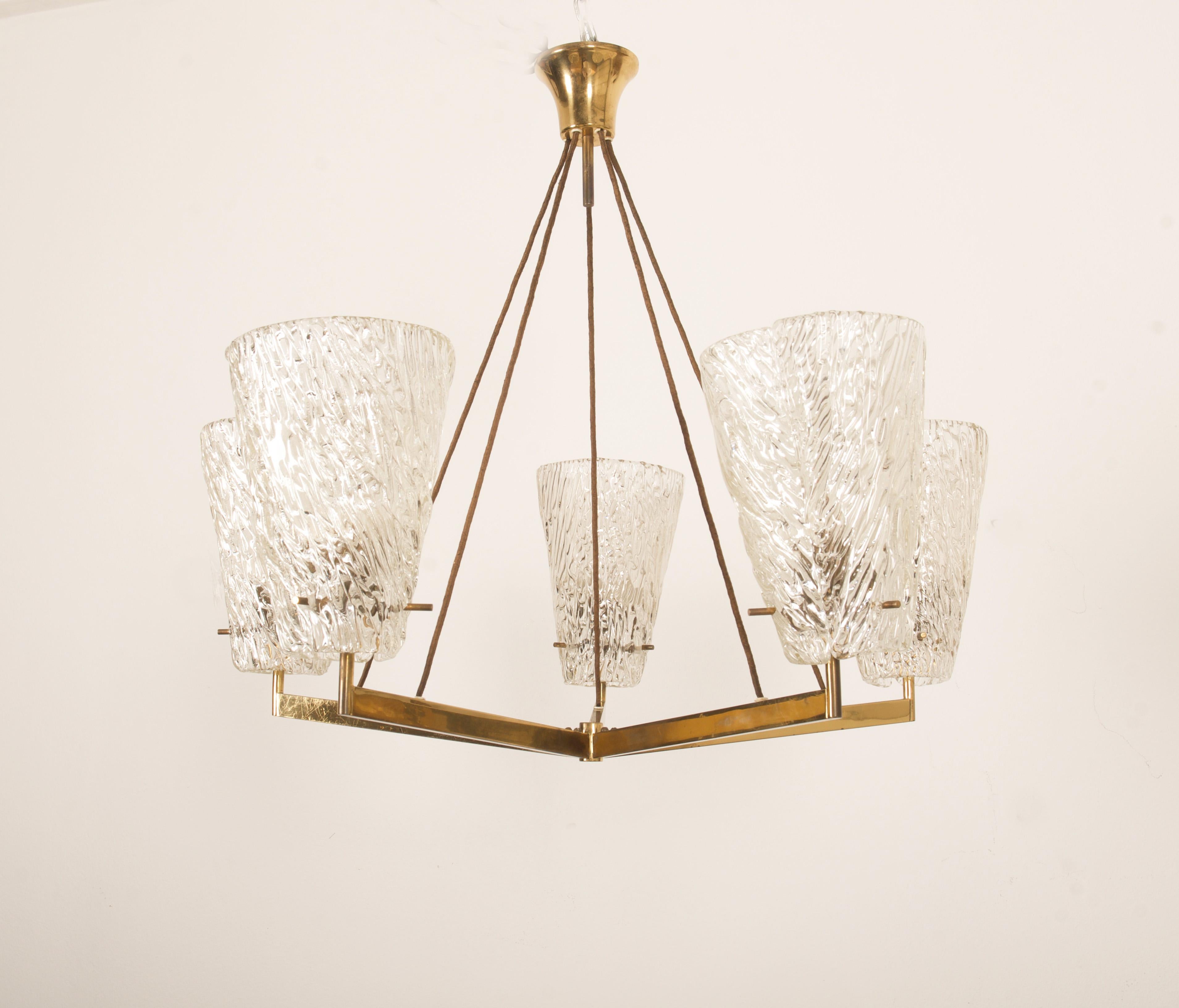 Austrian Brass Chandelier with Textured Glass by J. T. Kalmar For Sale 9