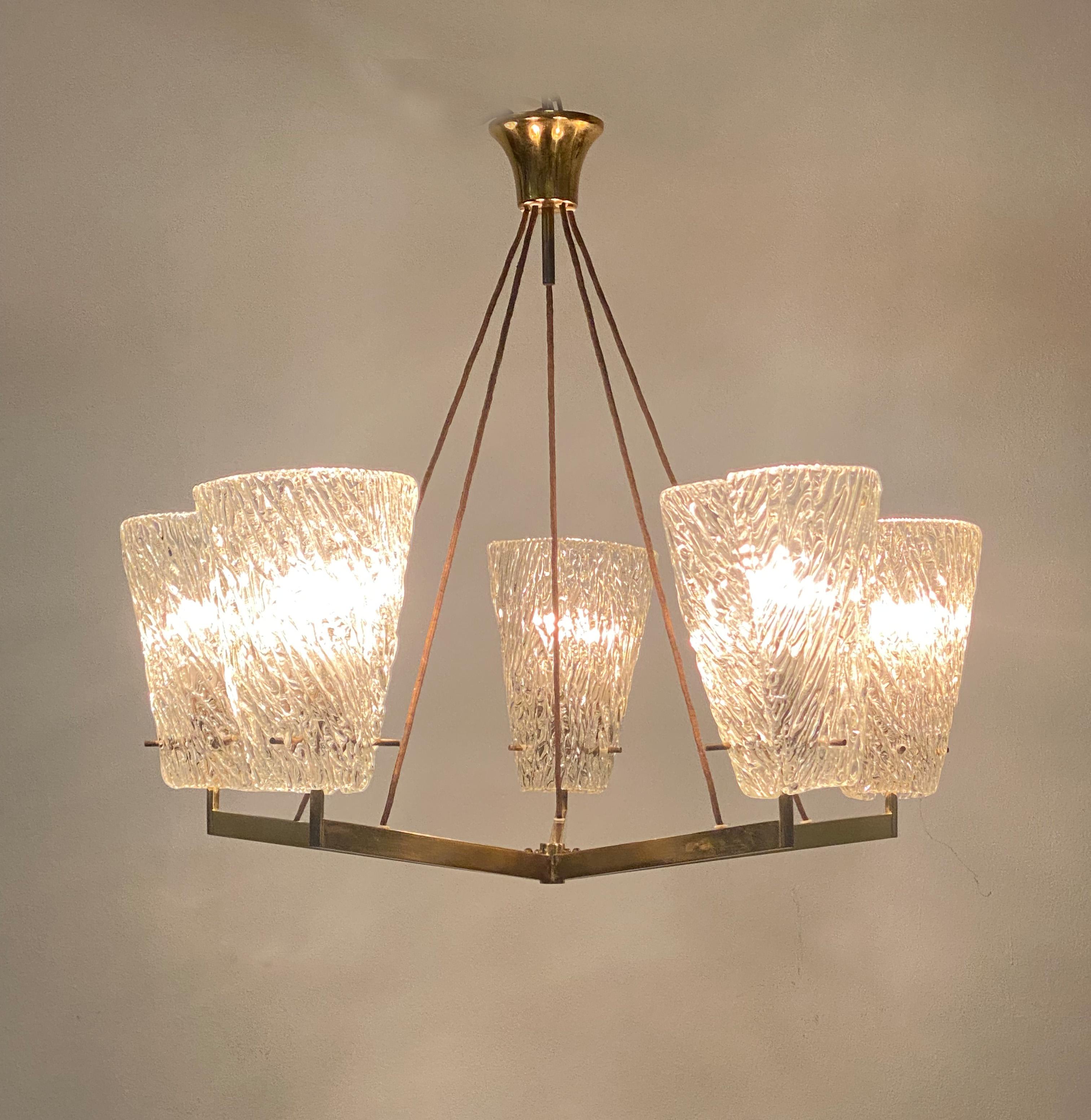 Austrian Brass Chandelier with Textured Glass by J. T. Kalmar For Sale 10