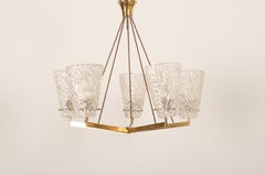 Austrian Brass Chandelier with Textured Glass by J. T. Kalmar