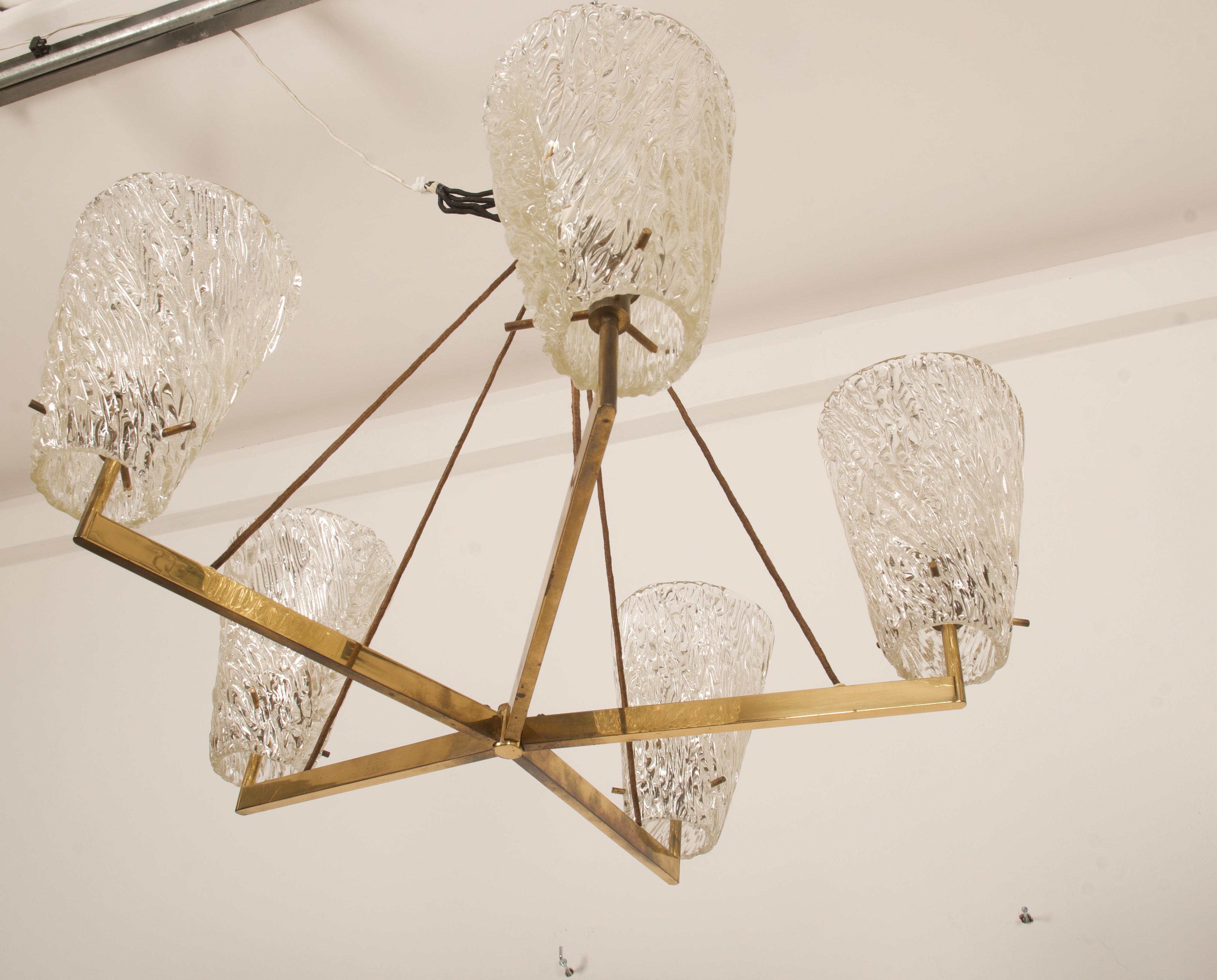 Mid-20th Century Austrian Brass Chandelier with Textured Glass by J. T. Kalmar For Sale