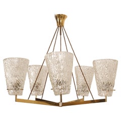 Vintage Austrian Brass Chandelier with Textured Glass by J. T. Kalmar