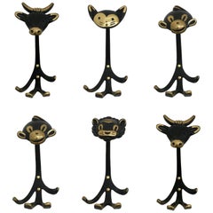 Austrian Brass Wall Coat Hooks by Hertha Baller Set of Six, Austria, 1950s