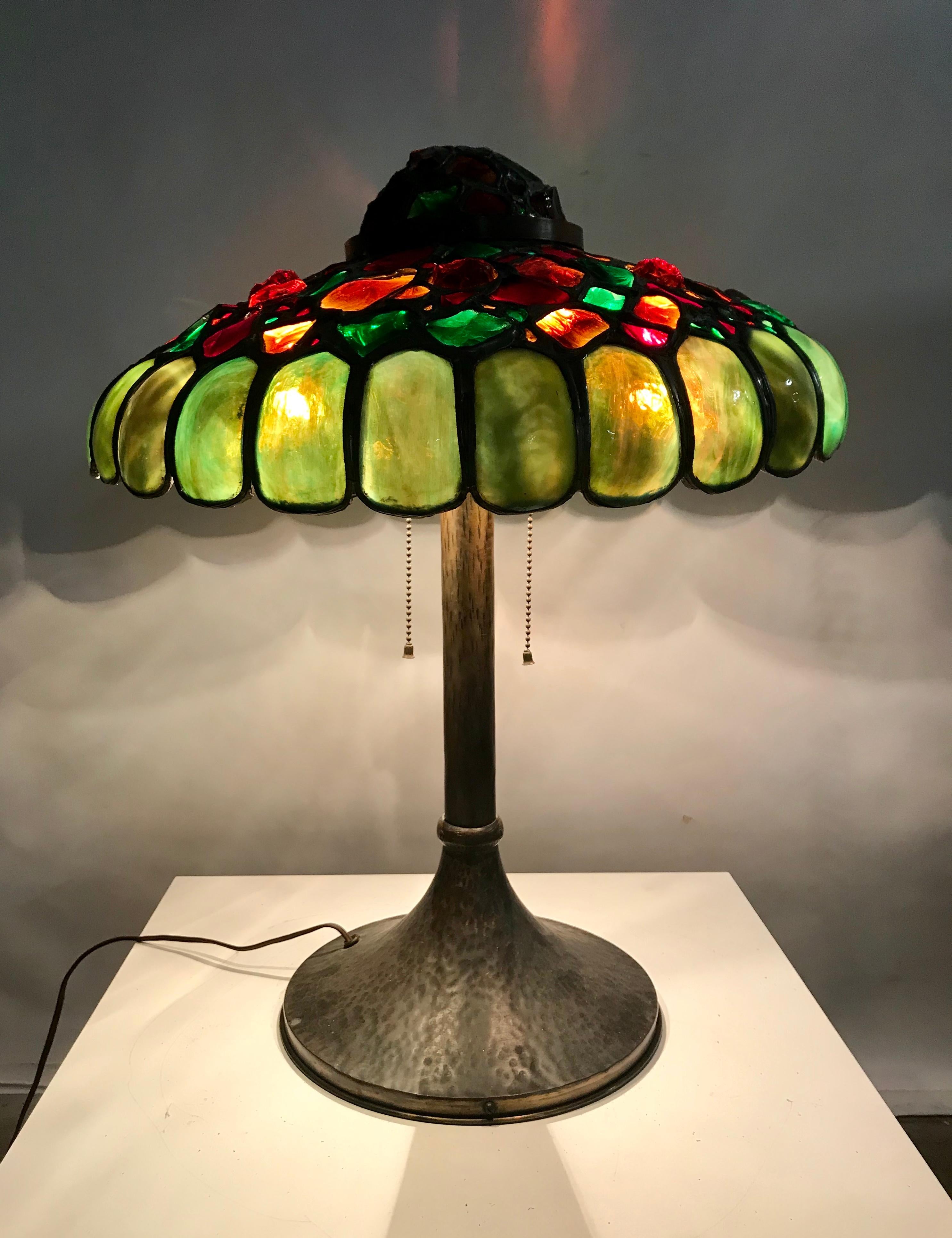 Early 20th Century Austrian Bronze and Chunk Jewel and Glass Table Lamp