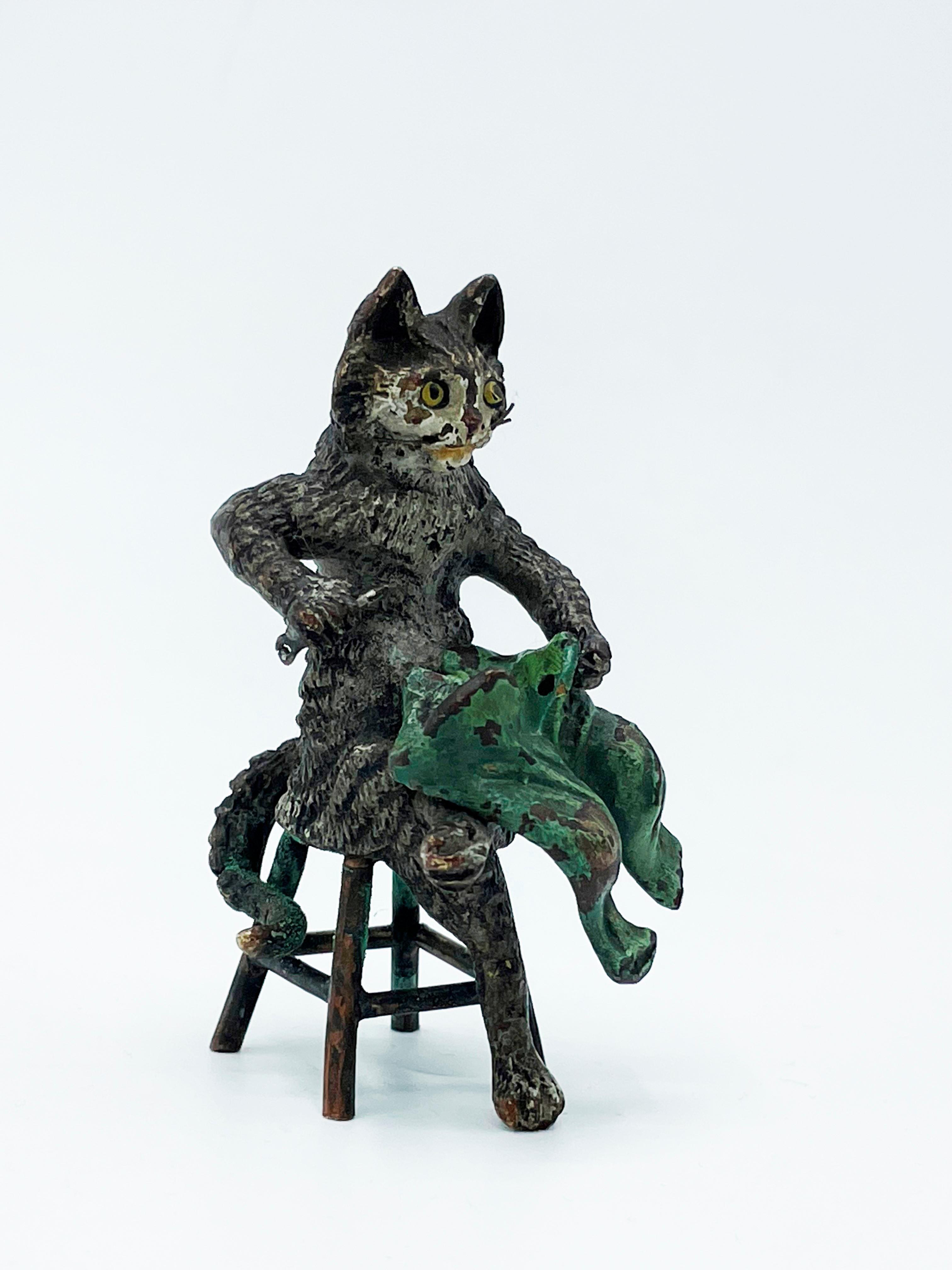 Austrian bronze cat sculpture 
made in Austria
The bronze has small wear due to years of age.
It has a small chip on the tail. (see in photos).
H: 6,5 centimeters