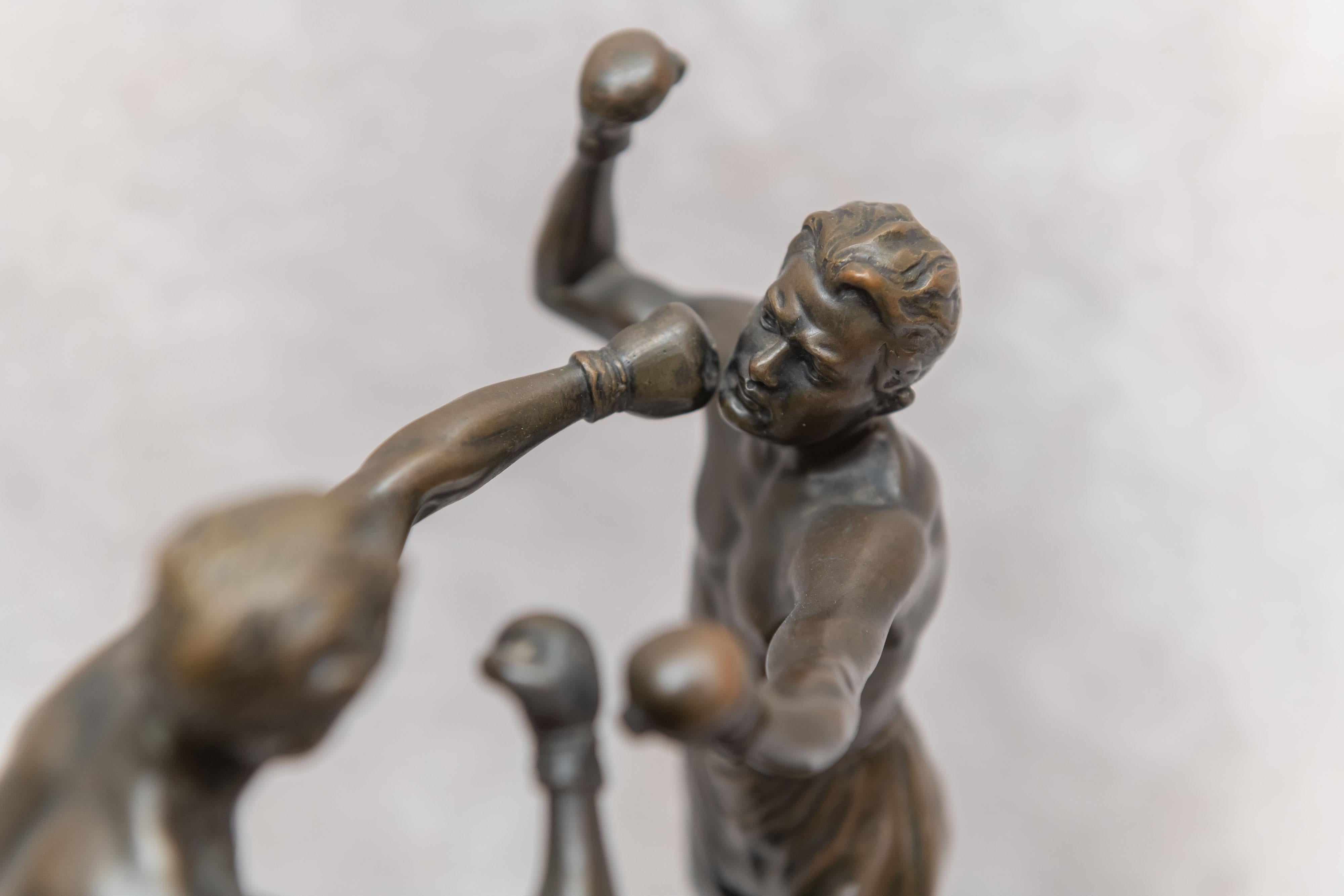 Hand-Crafted Austrian Bronze Group, 2 Men Boxing, Artist Signed Thuss, circa 1920s For Sale