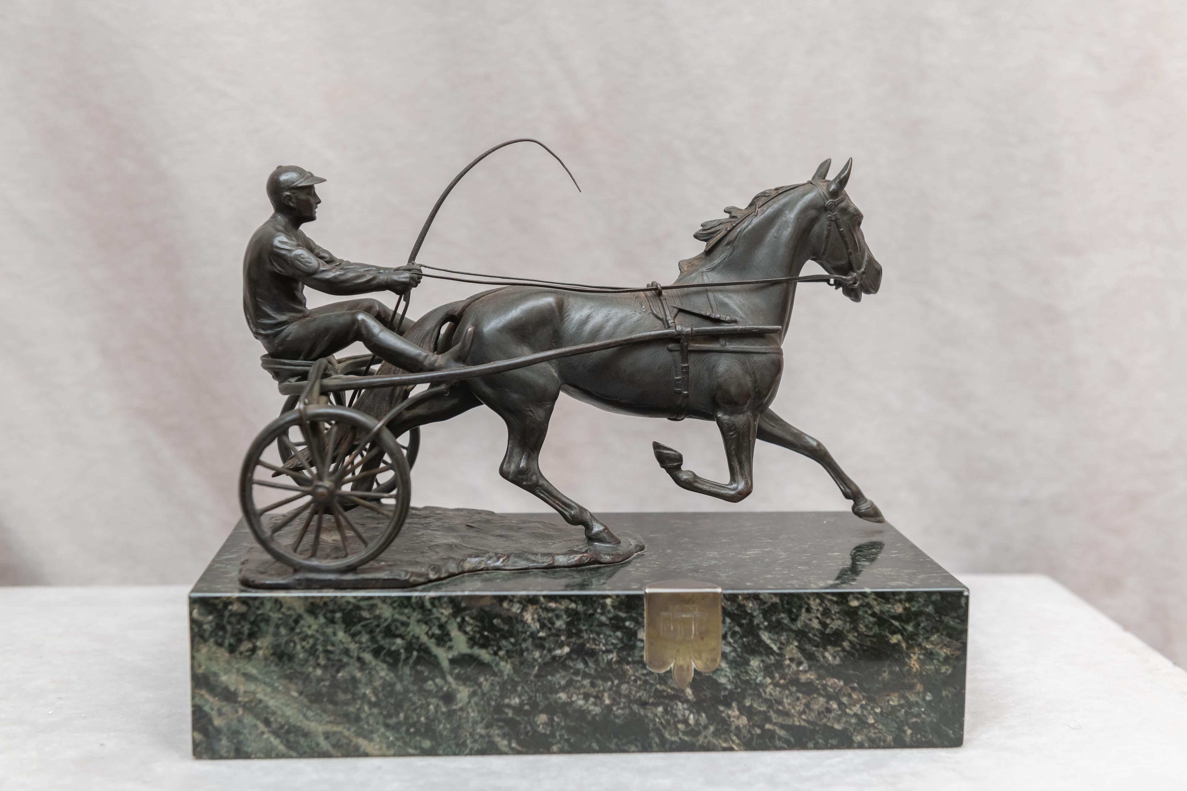 Being bronze dealers for over 40 years we are always on the lookout for horses, because they are beautiful, graceful animals, and people love them. We often get jockeys on horses, but I can't remember one single harness racer and driver that we have