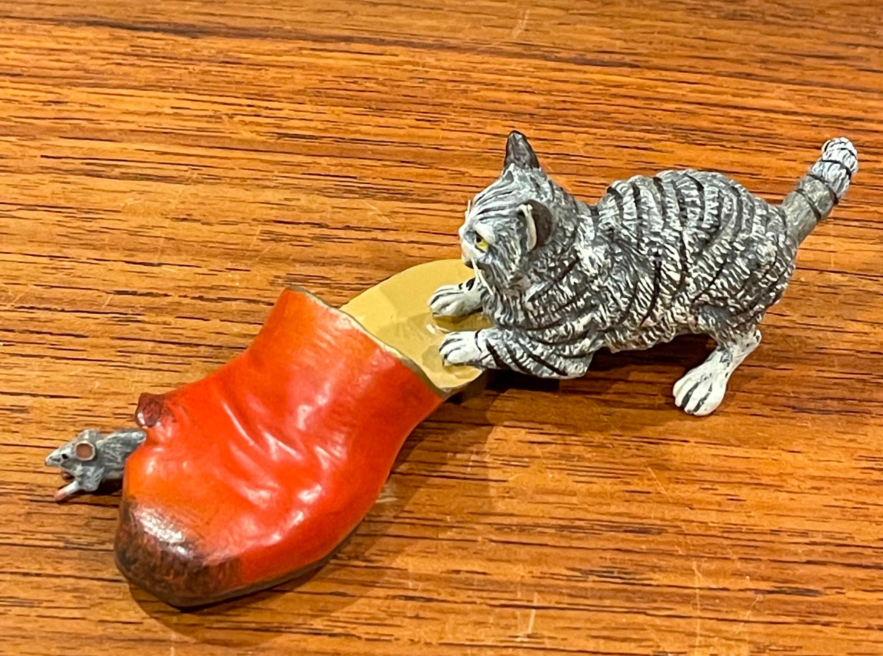 Austrian Bronze Hand Painted Miniature Cat, Mouse & Shoe Sculpture In Good Condition For Sale In San Diego, CA