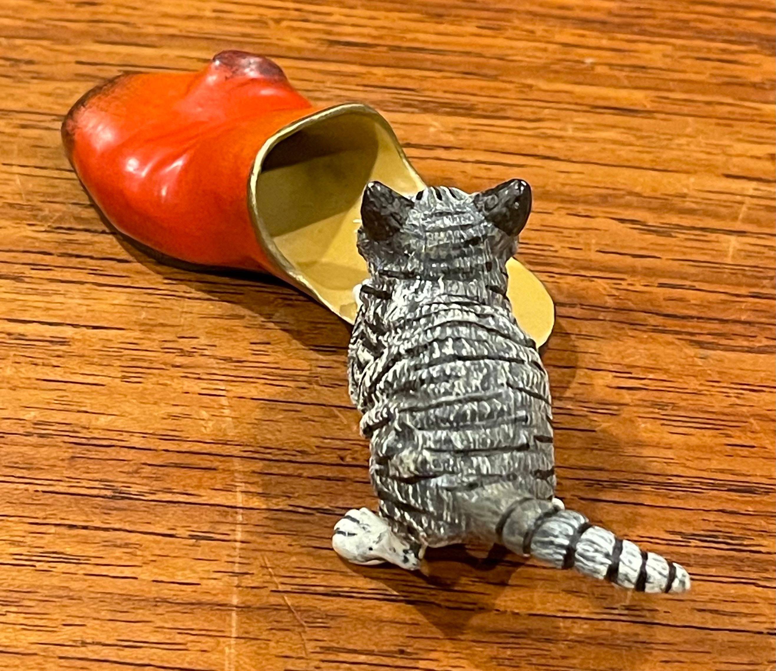 20th Century Austrian Bronze Hand Painted Miniature Cat, Mouse & Shoe Sculpture For Sale