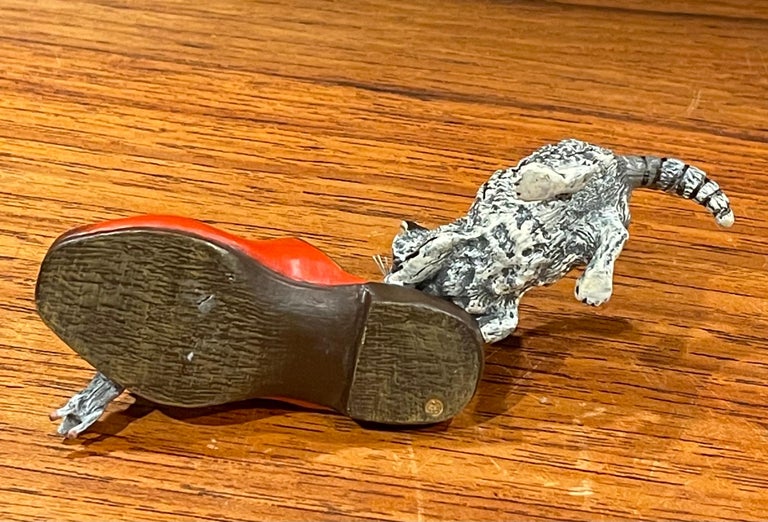 Austrian Bronze Hand Painted Miniature Cat, Mouse and Shoe Sculpture For Sale at 1stDibs