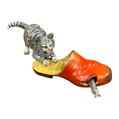 Austrian Bronze Hand Painted Miniature Cat, Mouse & Shoe Sculpture