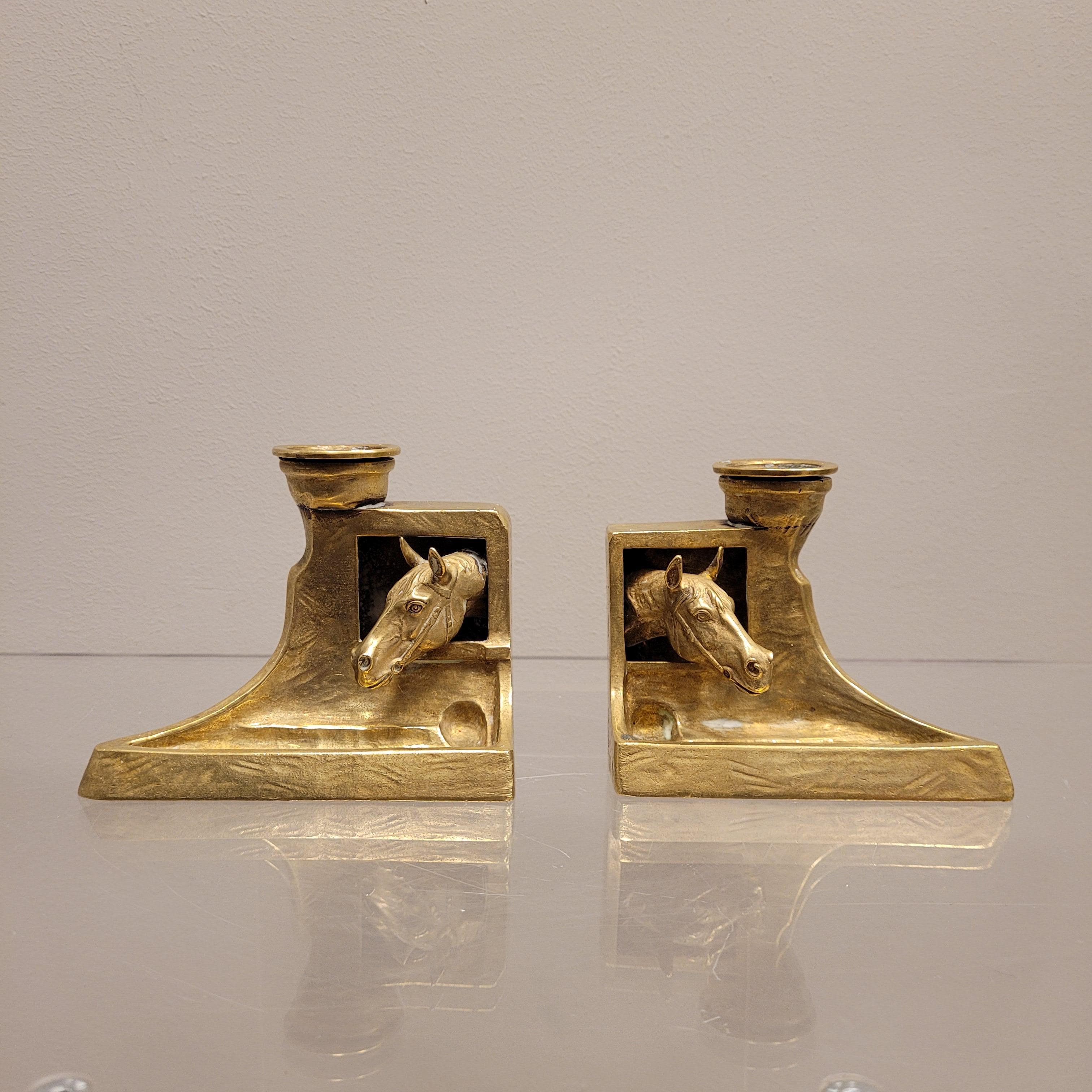 Late 19th Century Austrian Bronze pair of horses head candlesticks 