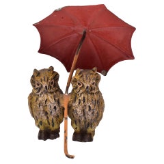Austrian Bronze Pair of Owls Sharing Umbrella