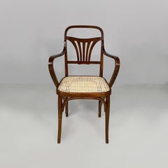 Austrian chair with armrest in wood and straw, 1930s