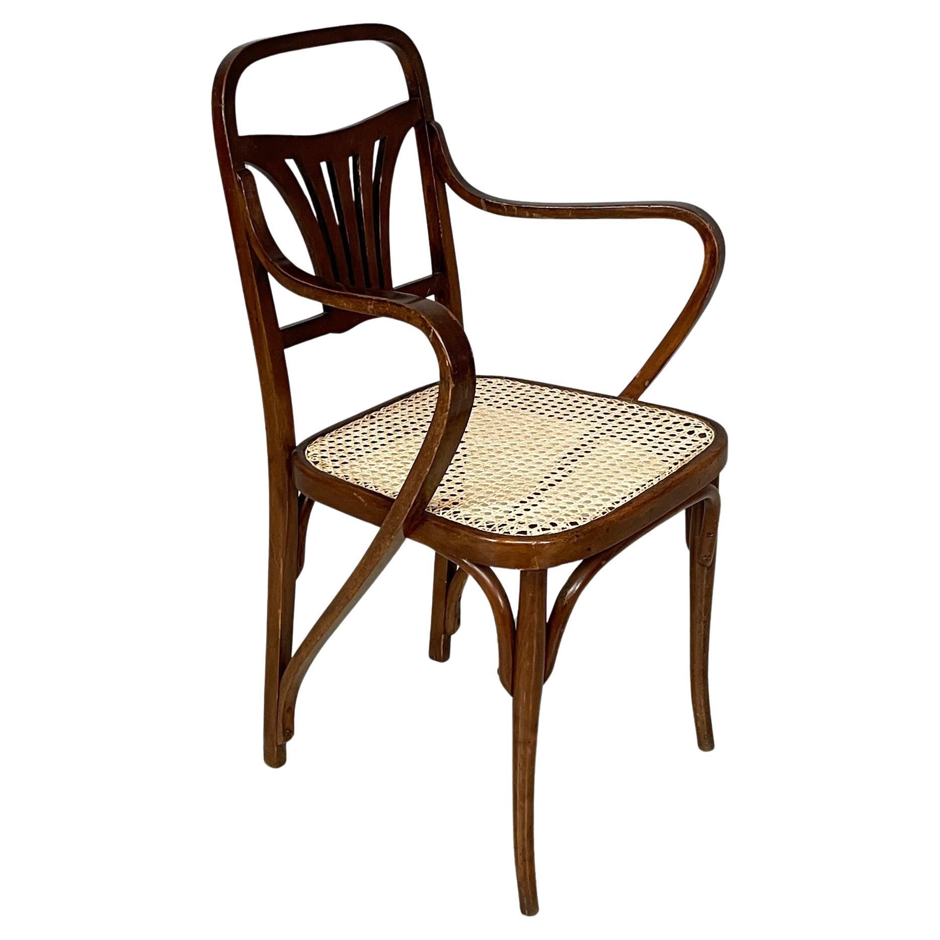 Austrian chair with armrest in wood and straw, 1930s For Sale