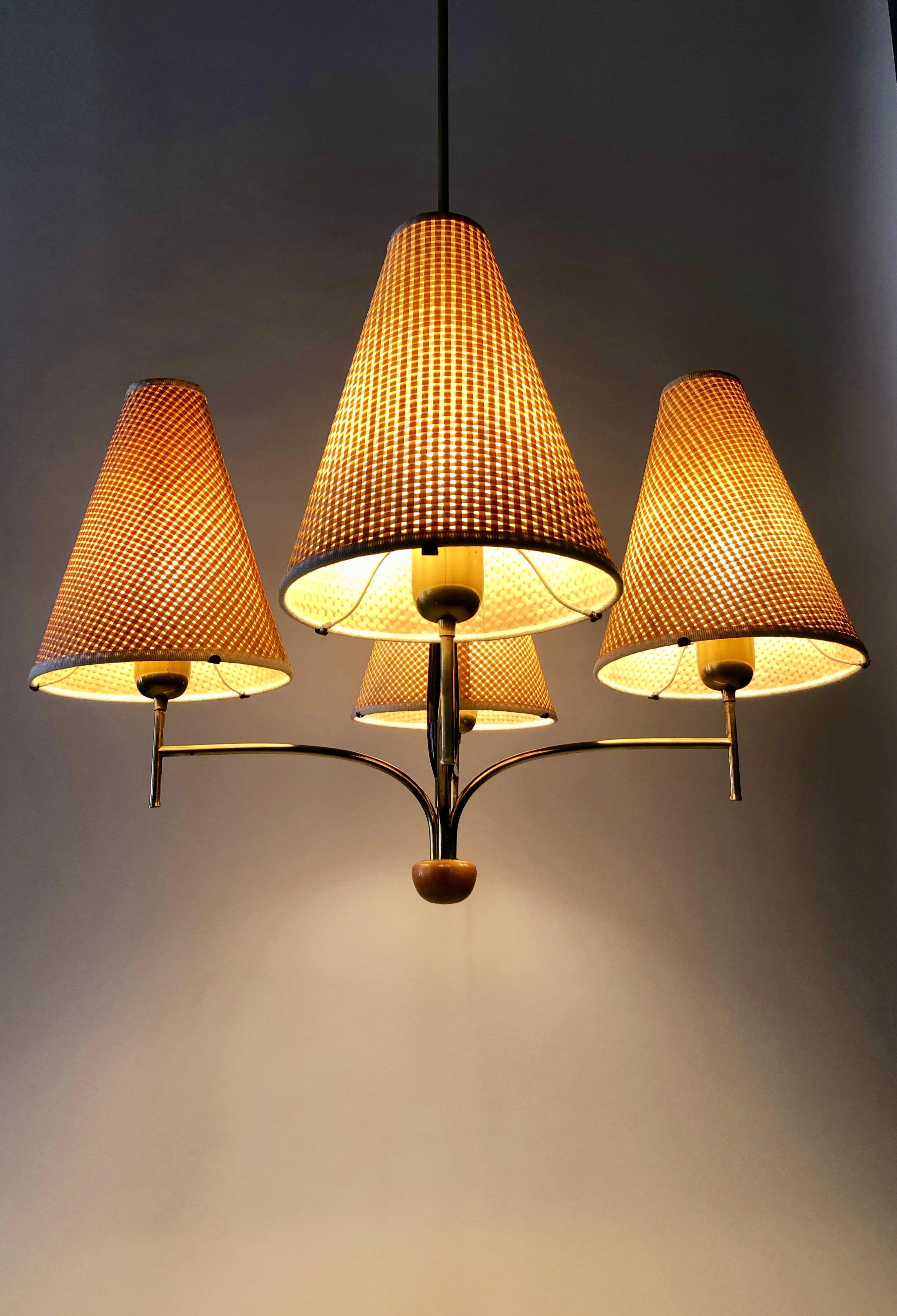 Austrian Chandelier in Wood and Brass with four Shades from Rupert Nikoll 7