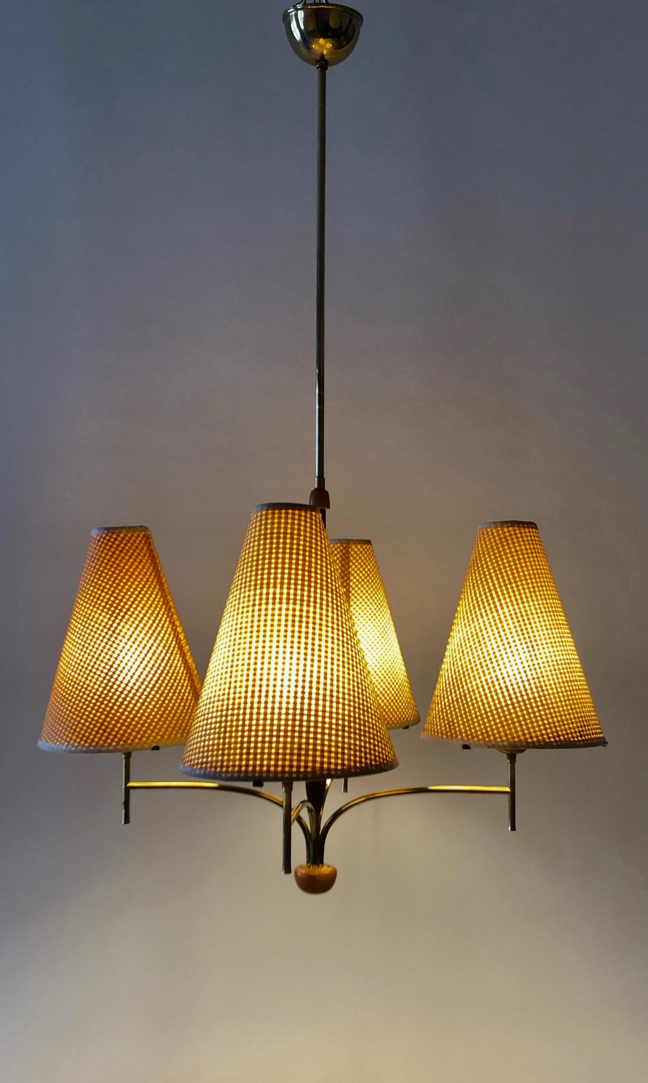 Austrian Chandelier in Wood and Brass with four Shades from Rupert Nikoll 8