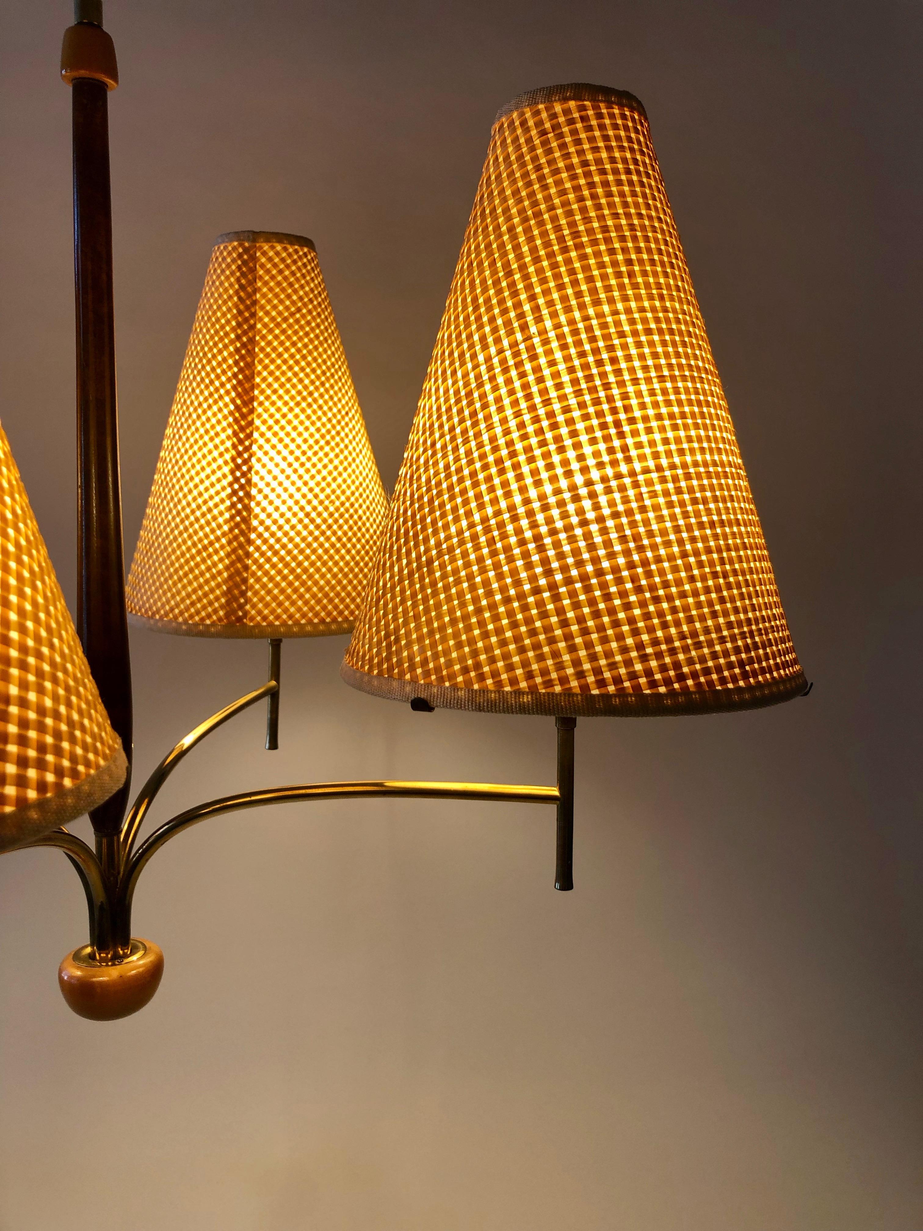 Austrian Chandelier in Wood and Brass with four Shades from Rupert Nikoll 9