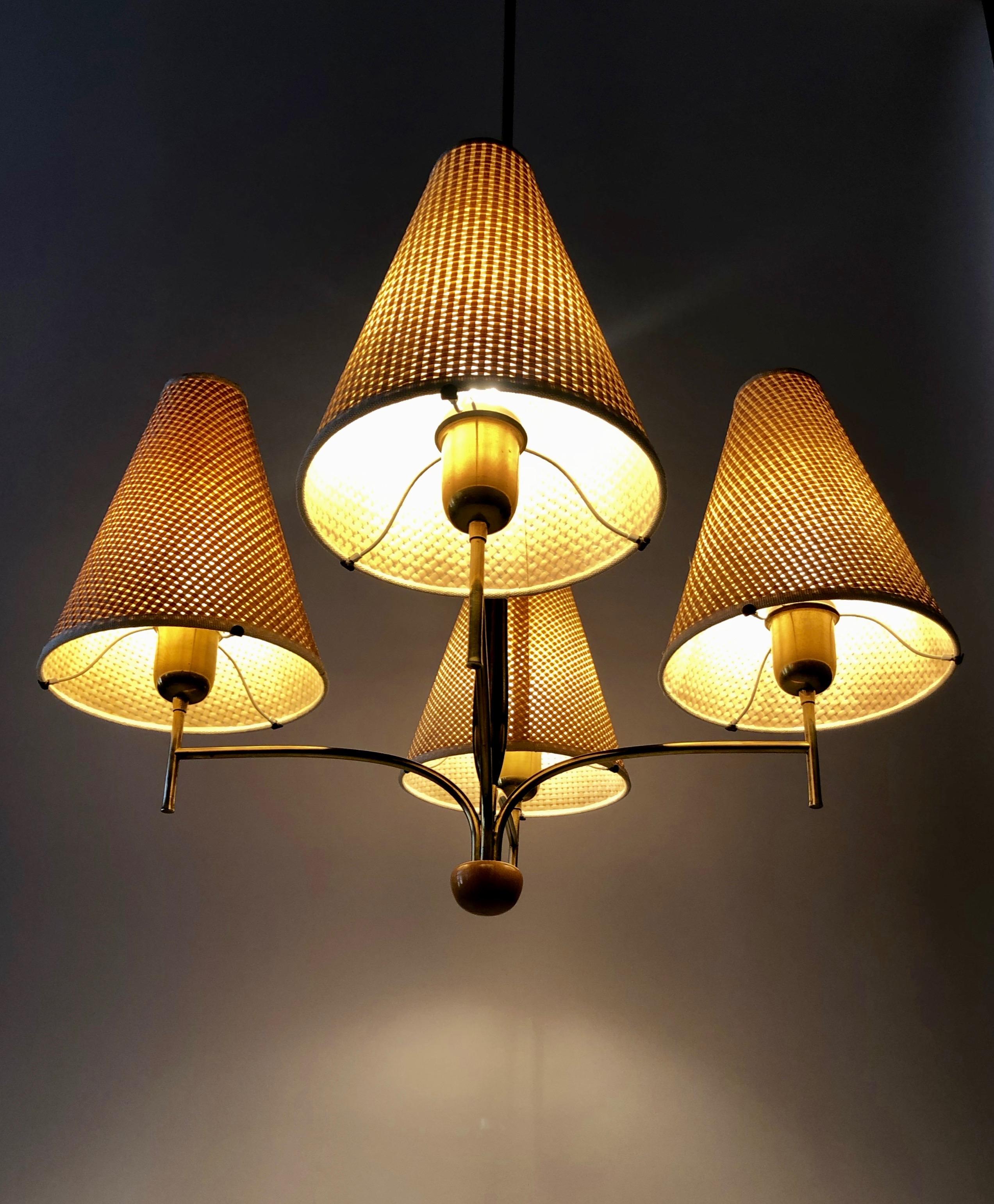 Austrian Chandelier in Wood and Brass with four Shades from Rupert Nikoll 10