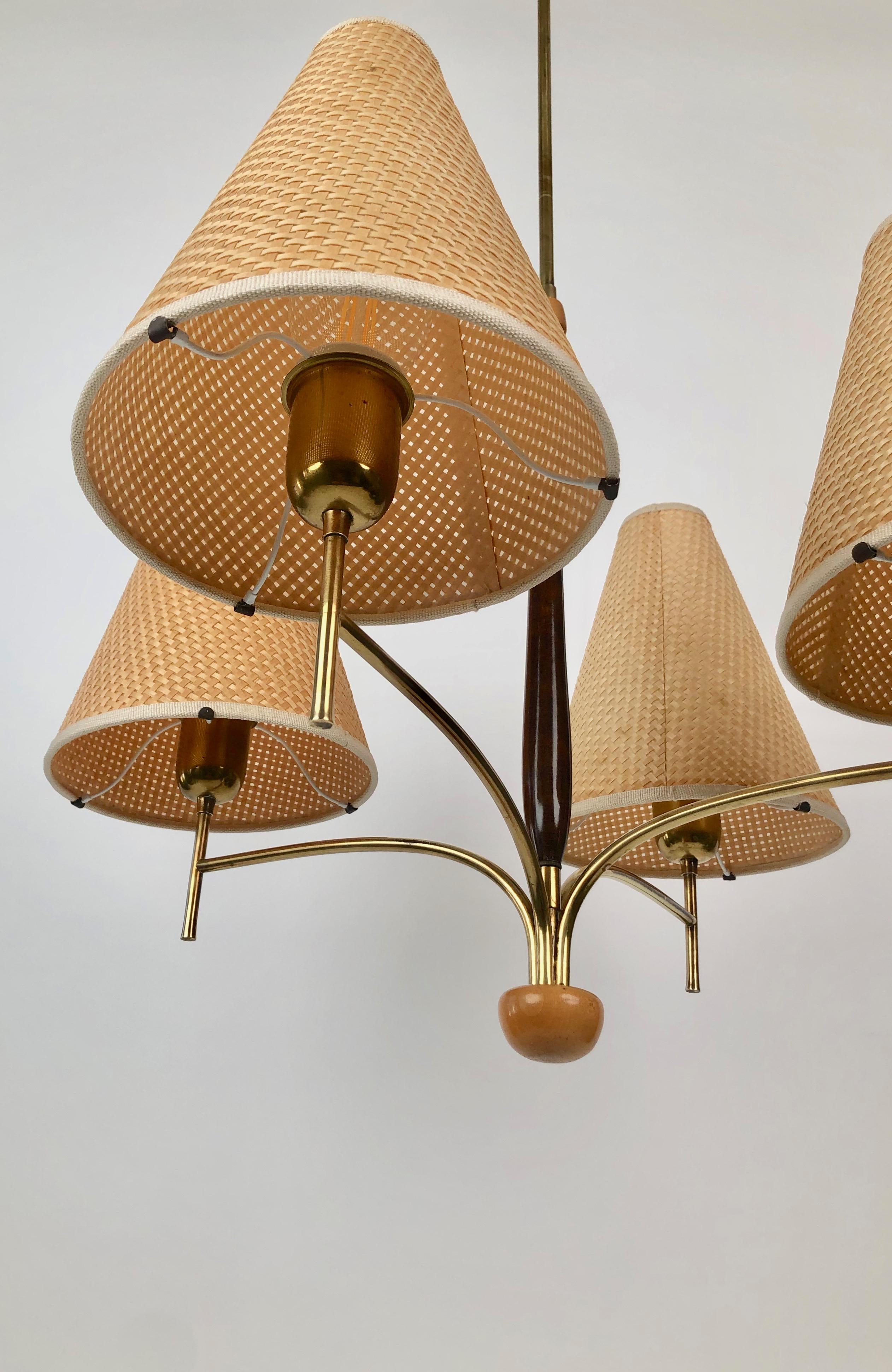 Modern Austrian Chandelier in Wood and Brass with four Shades from Rupert Nikoll
