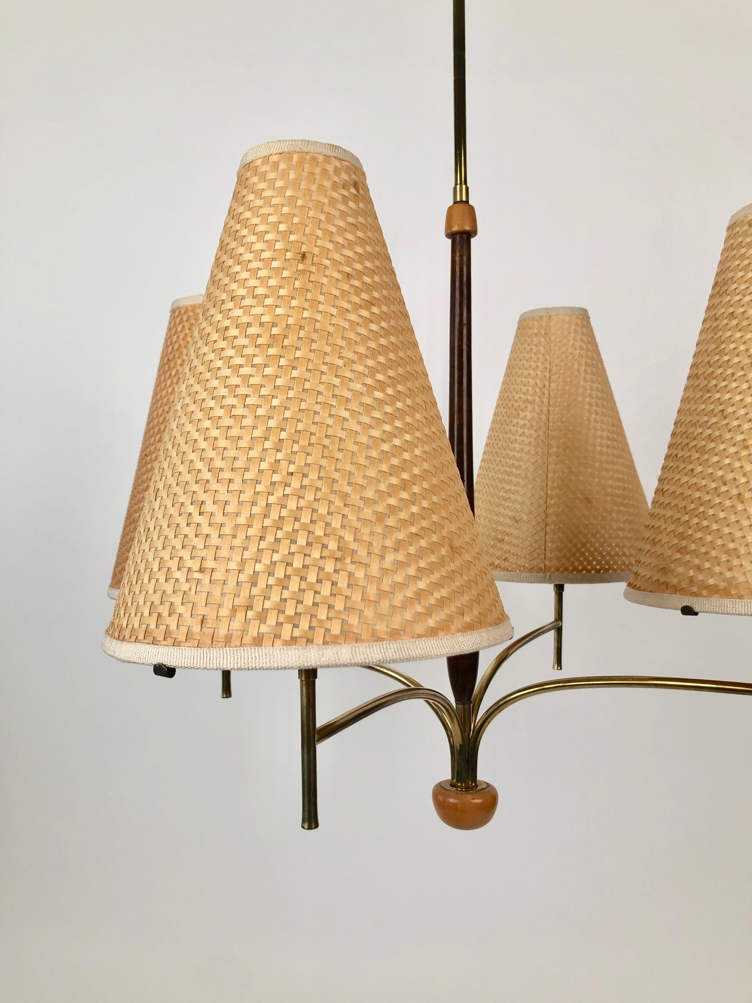 Mid-20th Century Austrian Chandelier in Wood and Brass with four Shades from Rupert Nikoll
