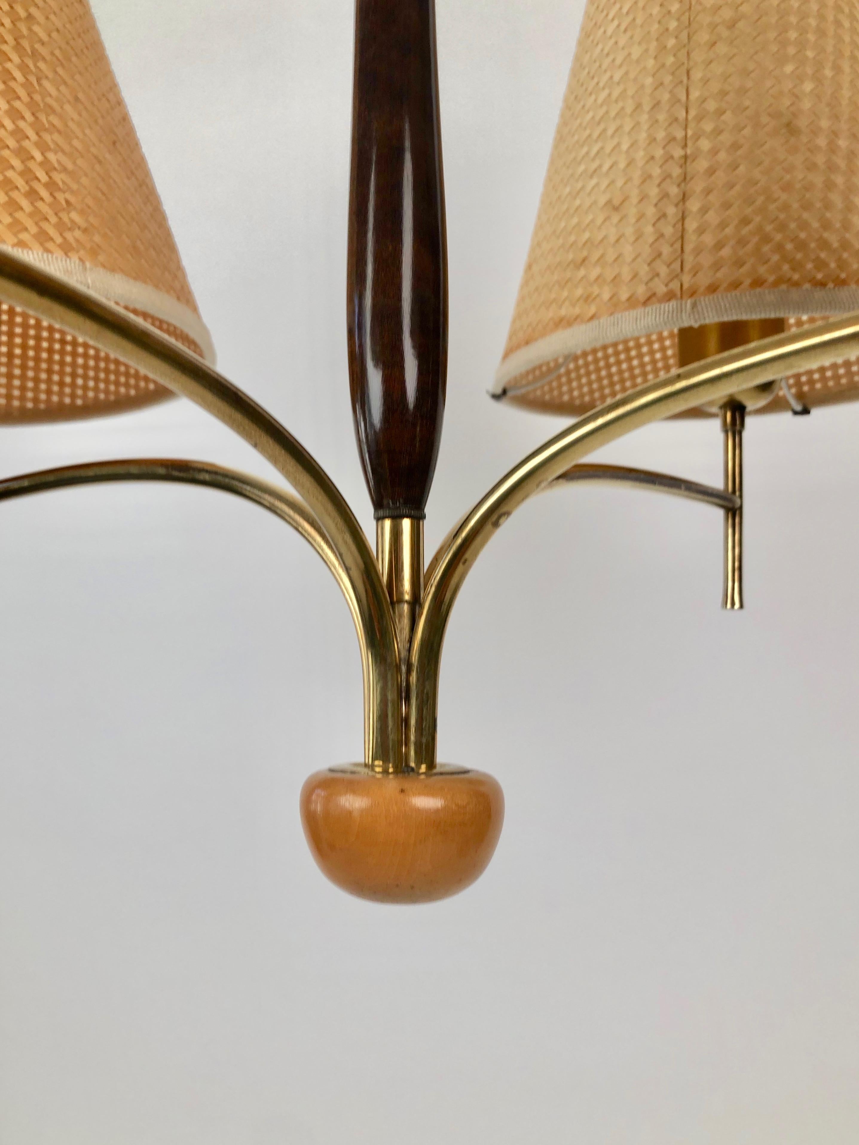 Austrian Chandelier in Wood and Brass with four Shades from Rupert Nikoll 1