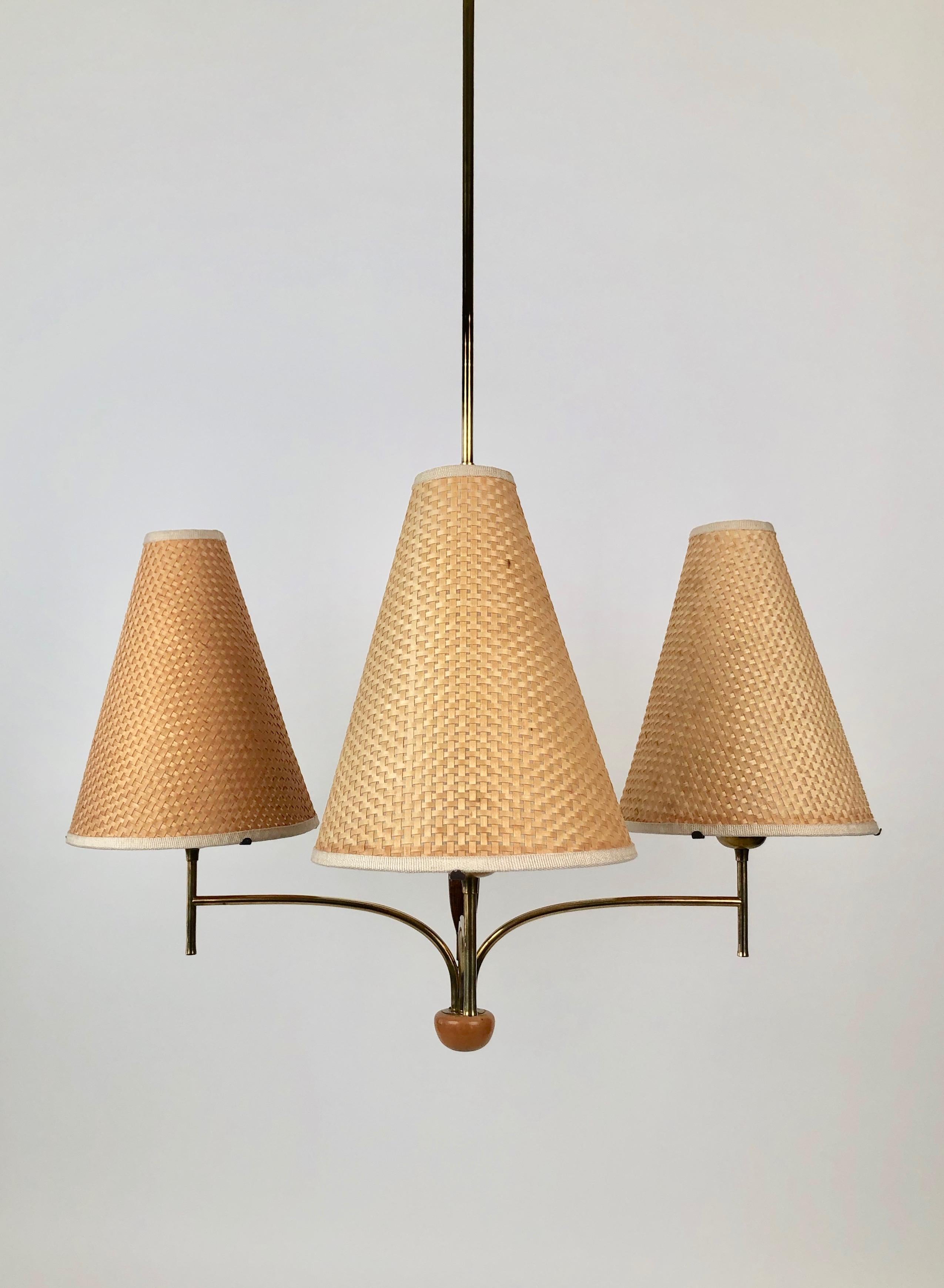 Austrian Chandelier in Wood and Brass with four Shades from Rupert Nikoll 3