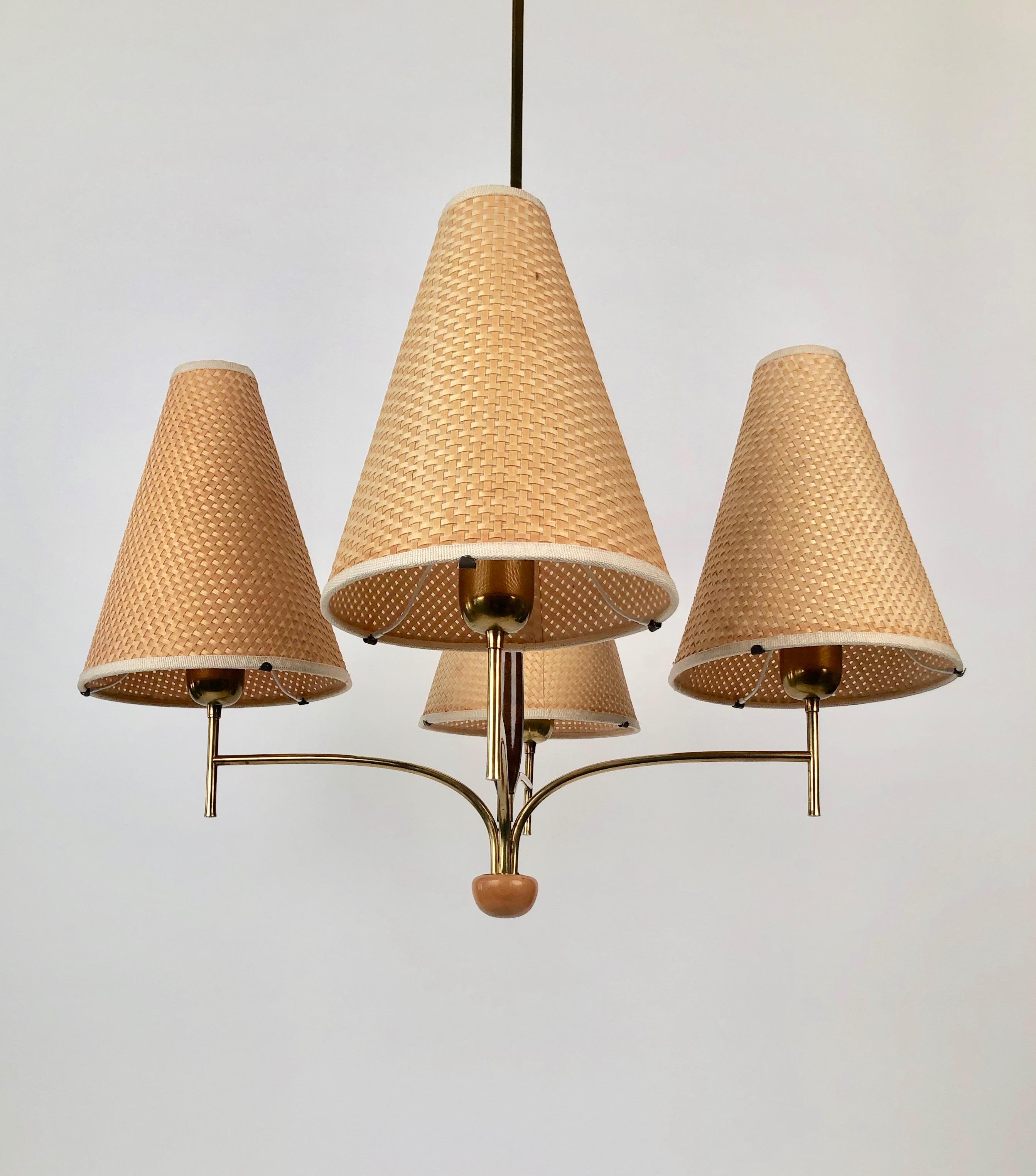 Austrian Chandelier in Wood and Brass with four Shades from Rupert Nikoll 4