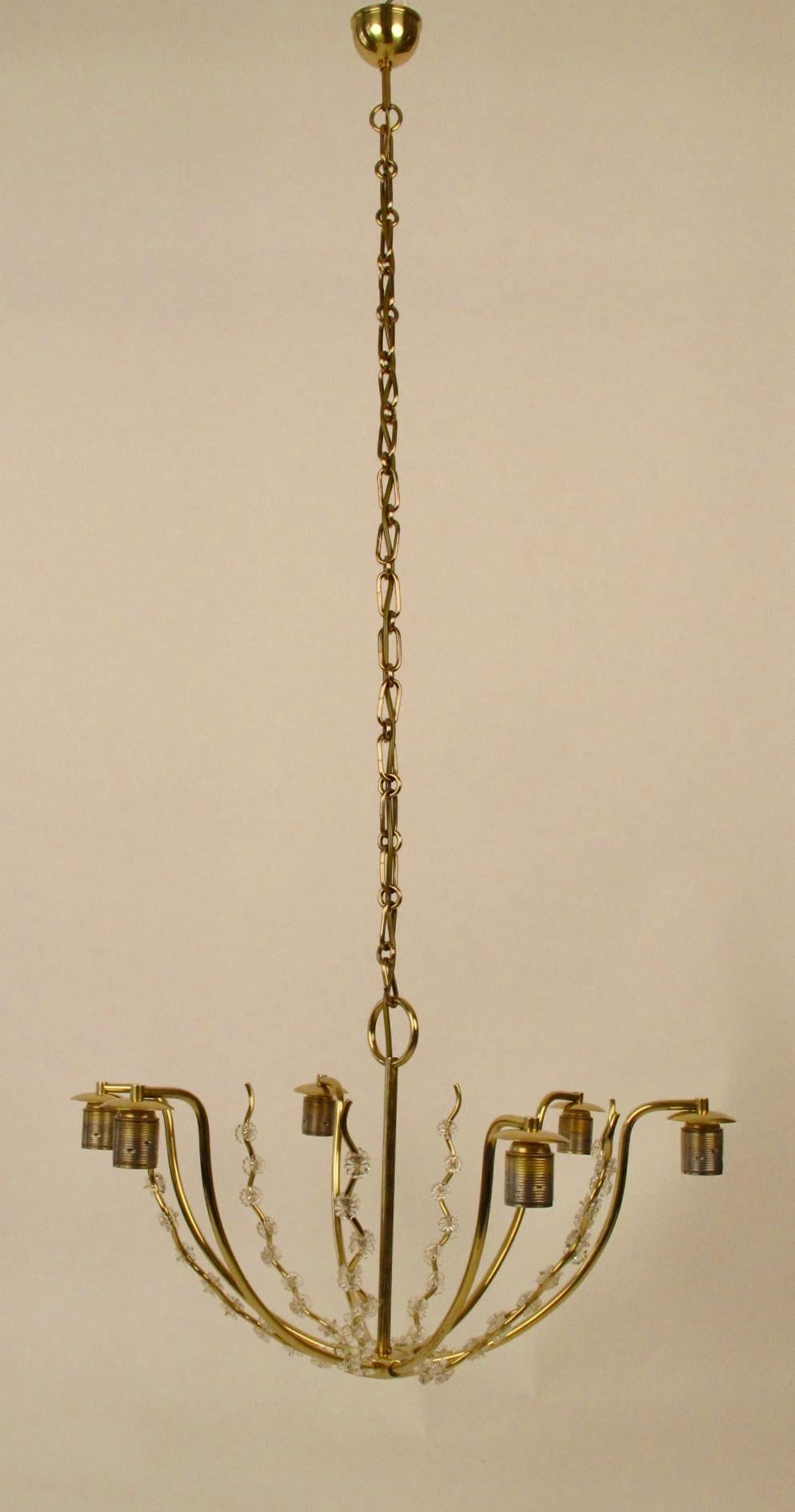 Austriaco Austrian Chandelier with six Arms in Brass and Silk Shades from Josef Frank in vendita