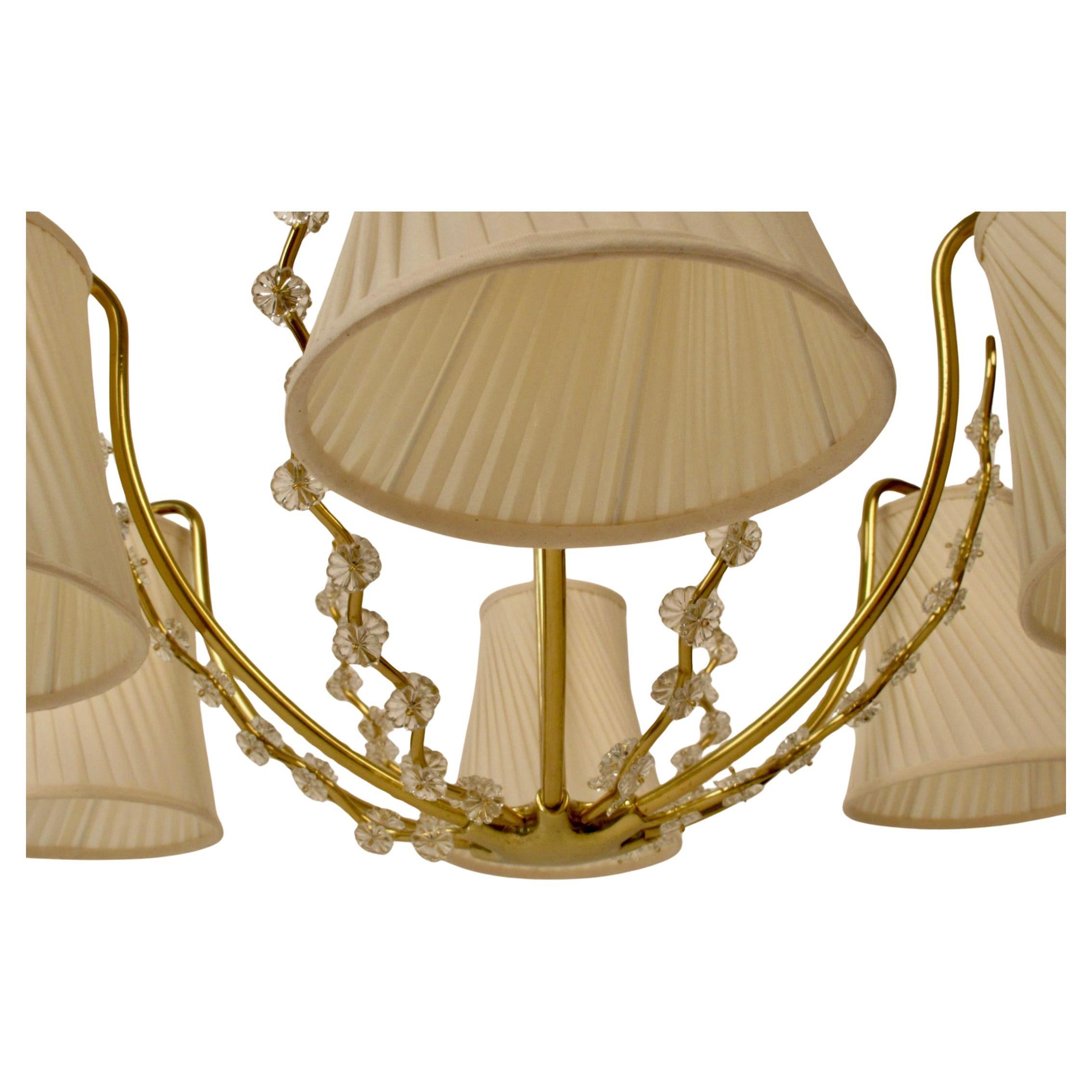 Austrian Chandelier with six Arms in Brass and Silk Shades from Josef Frank