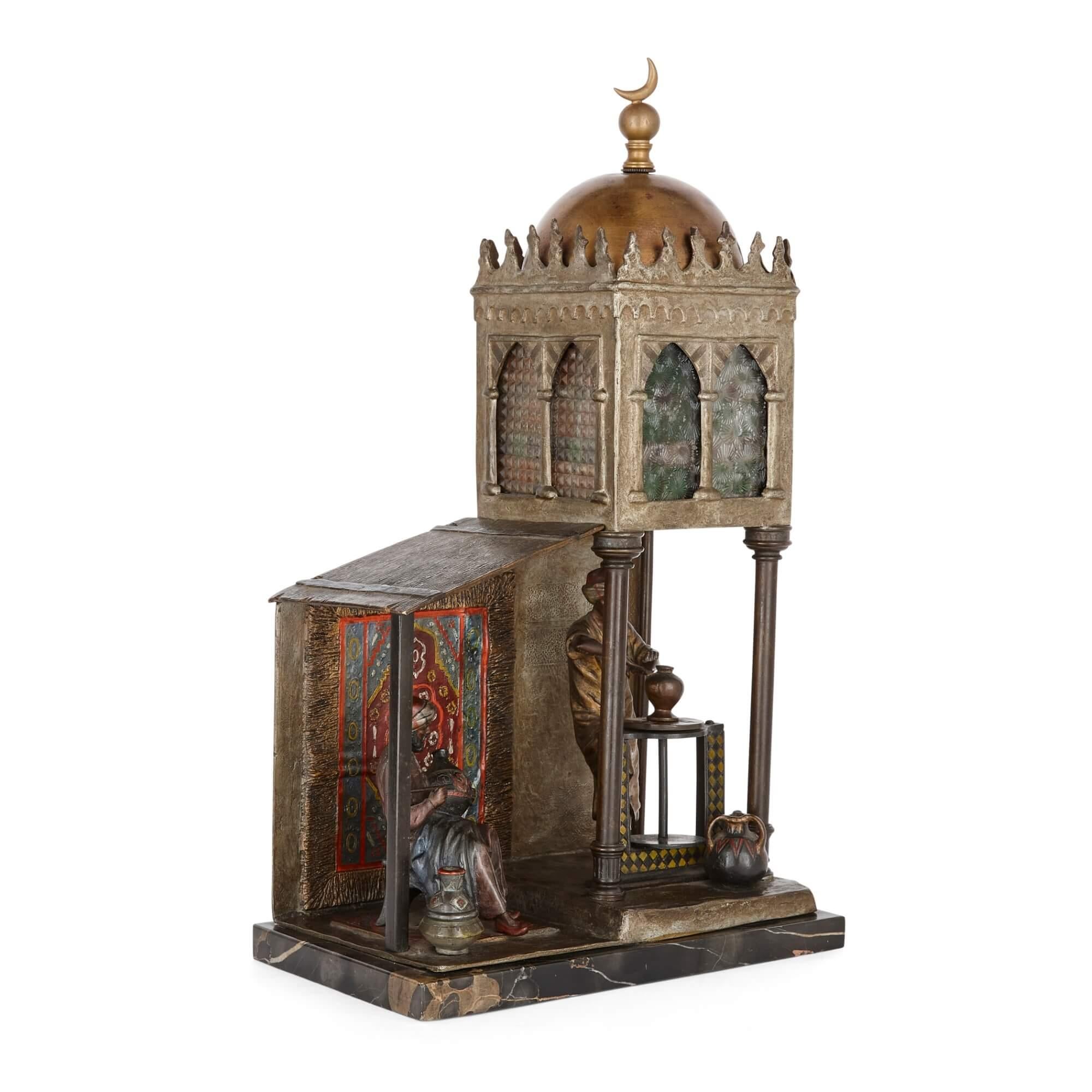 Islamic Austrian Cold-Painted Bronze and Marble Figurative Lamp Attributed to Bergman For Sale
