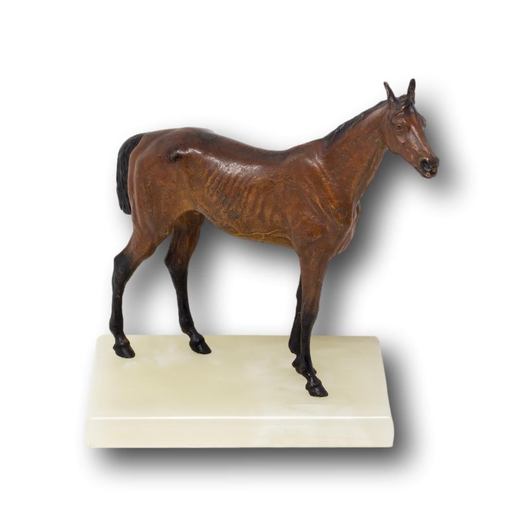 Art Nouveau Scultura di cavallo austriaca in bronzo dipinto a freddo e onice di Franz Xavier Bergman in vendita