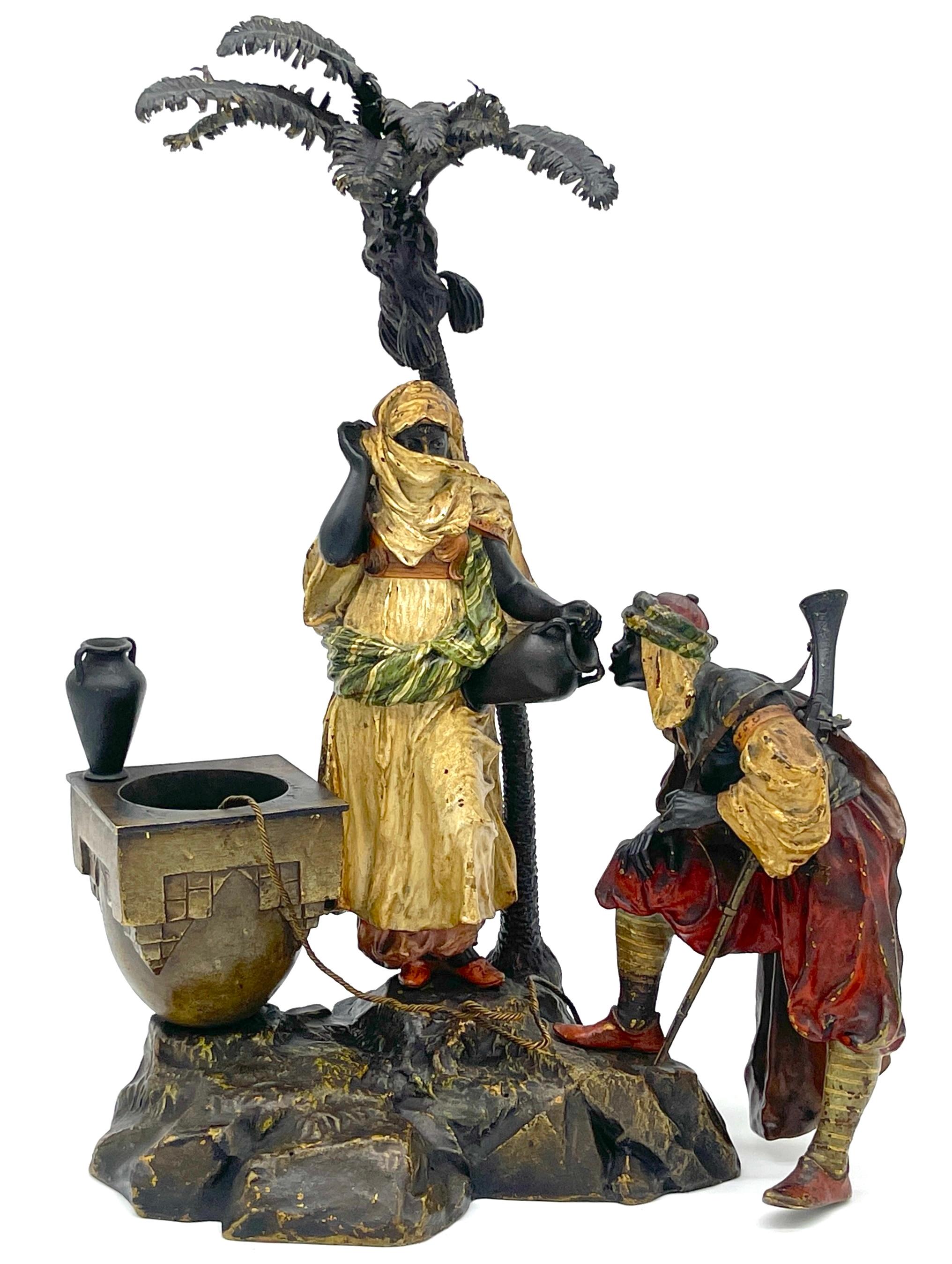 Doncella beduina austriaca de bronce pintado en frío y acompañante en el pozo, totalmente firmado Franz Xavier Bergman (austriaco, 1861 ~ 1936)

Esta exquisita escultura austriaca de bronce pintado en frío de Franz Xavier Bergman (austriaco,