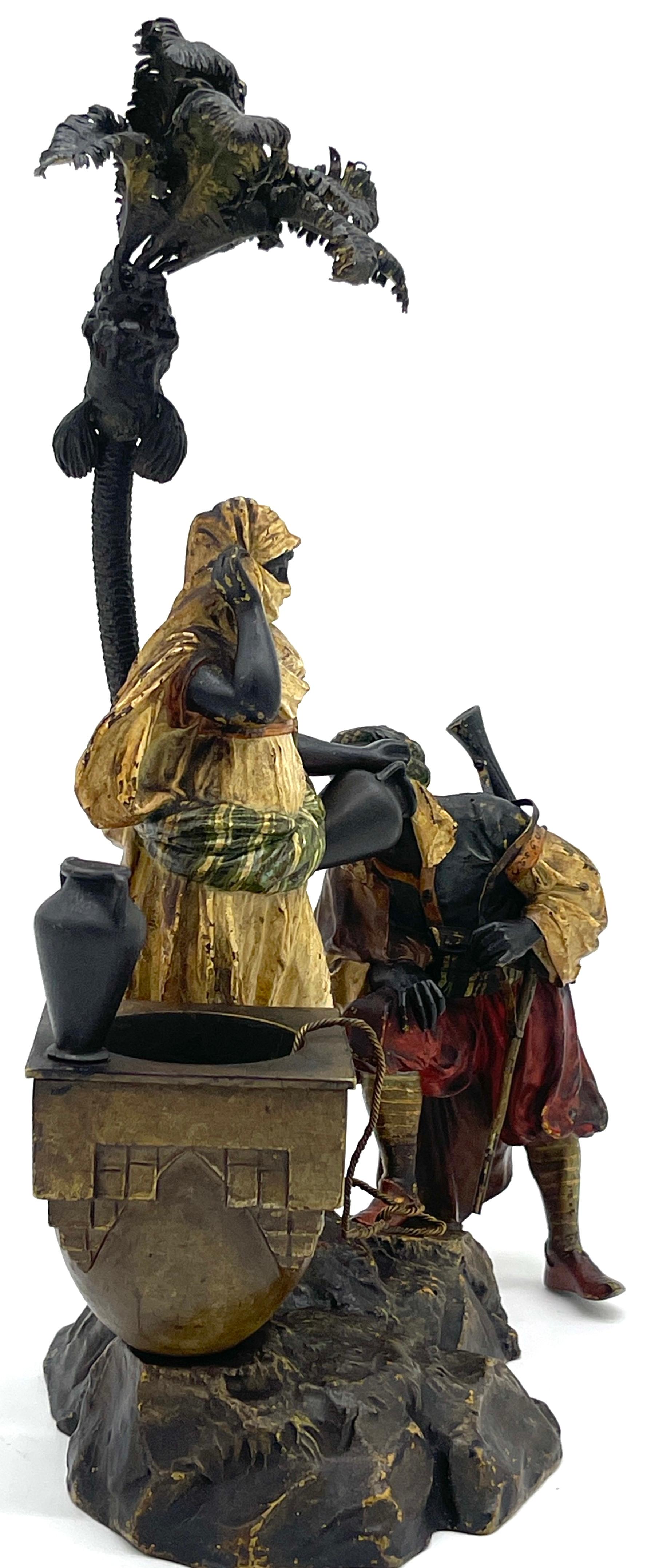 Doncella beduina austriaca de bronce pintado en frío y ayudante en el pozo, Franz Bergman Bronce en venta