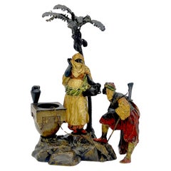 Antique Austrian Cold Painted Bronze Bedouin Maiden & Attendant at Well, Franz Bergman