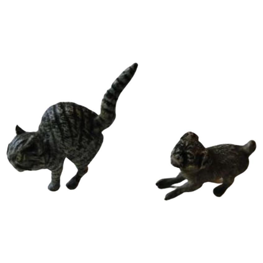 Austrian Cold Painted Bronze Cat and Dog circa 1900