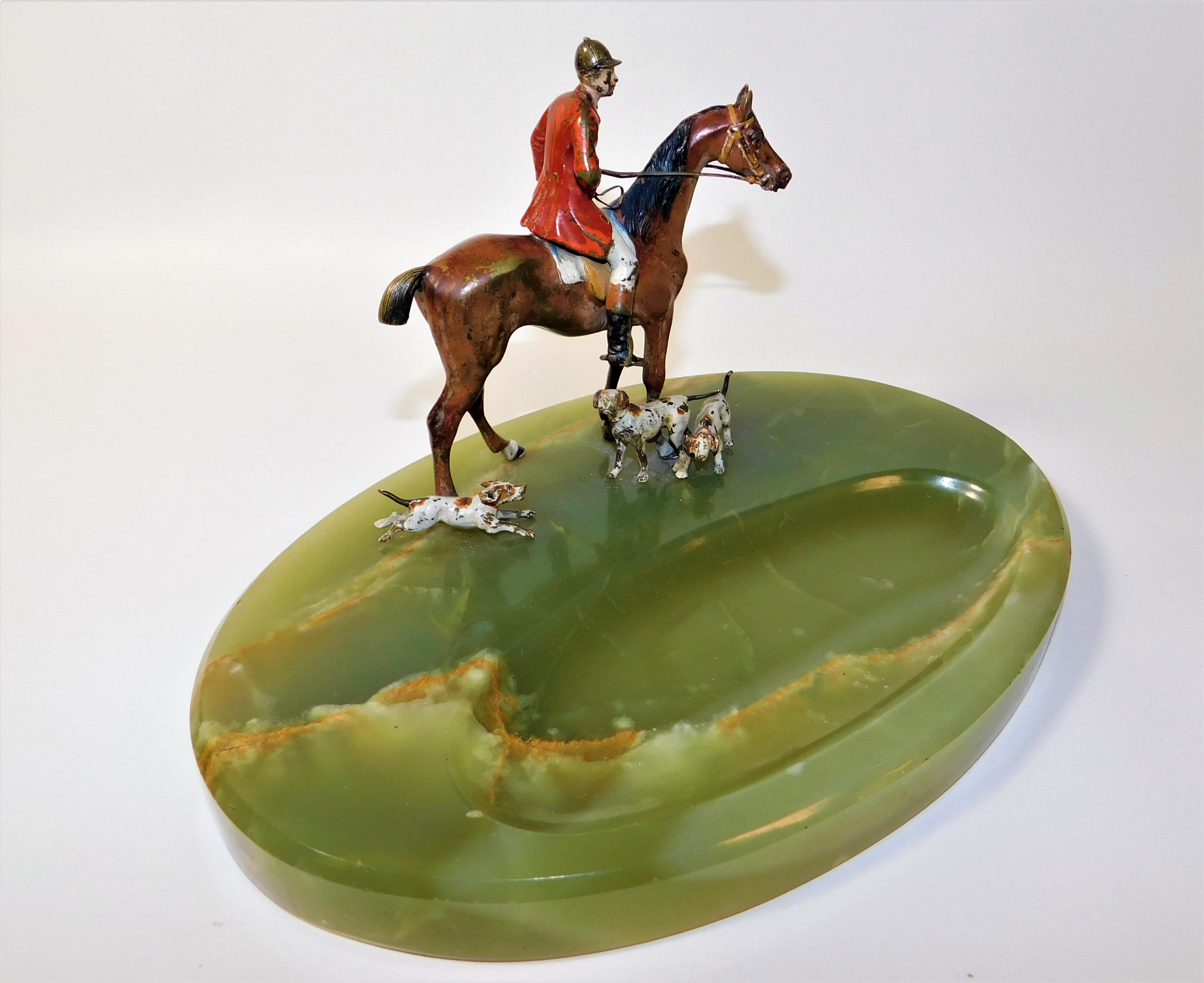 Cold-Painted Austrian Cold Painted Bronze Fox Hunting Group with Green Onyx Base For Sale