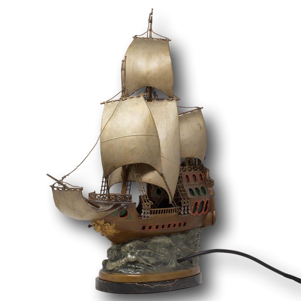 Austrian Cold Painted Bronze Galleon Lamp by Franz Bergman In Good Condition For Sale In Newark, England