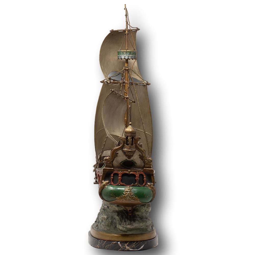 Austrian Cold Painted Bronze Galleon Lamp by Franz Bergman For Sale 2