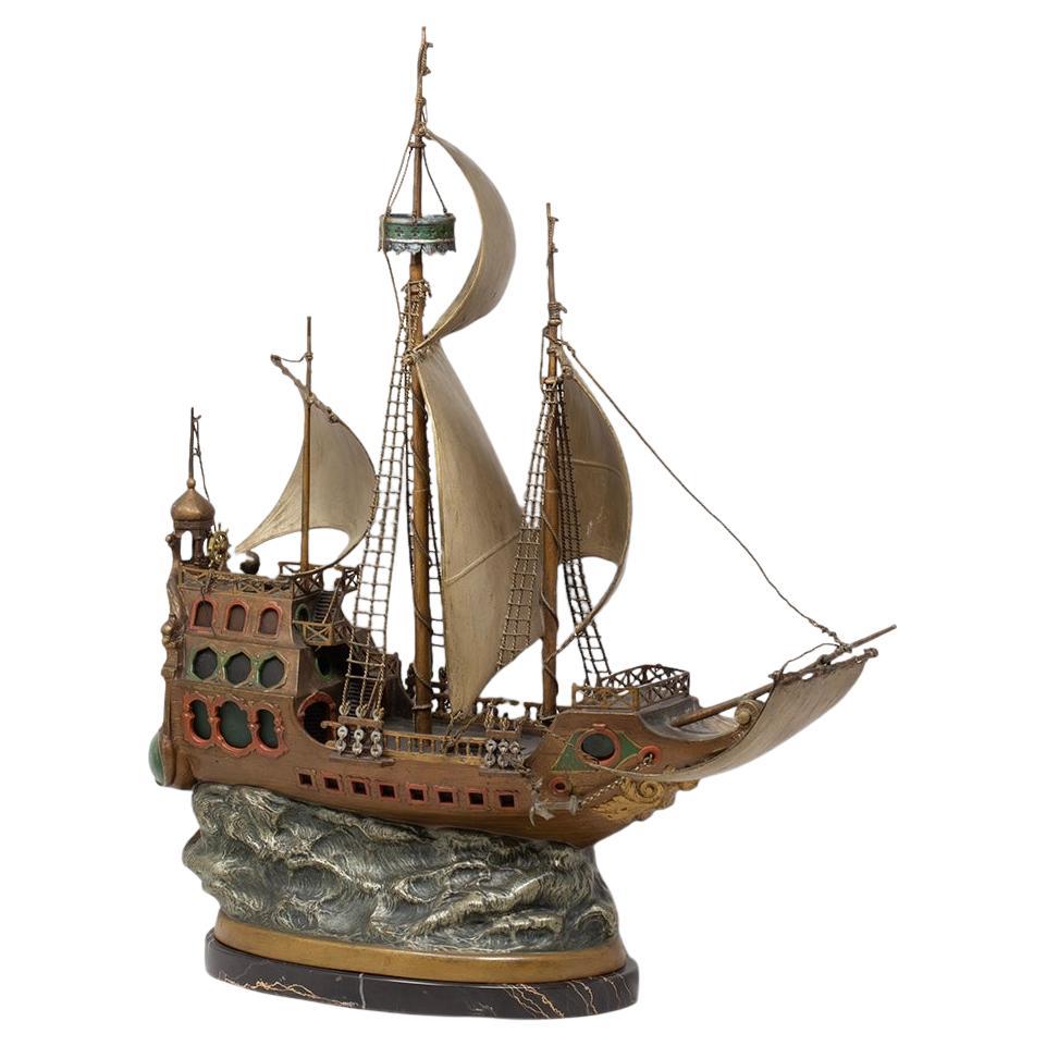 Austrian Cold Painted Bronze Galleon Lamp Sculpture by Franz Xavier Bergman