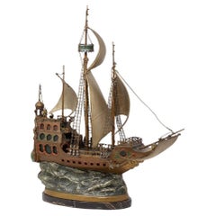 Austrian Cold Painted Bronze Galleon Lamp Sculpture by Franz Xavier Bergman