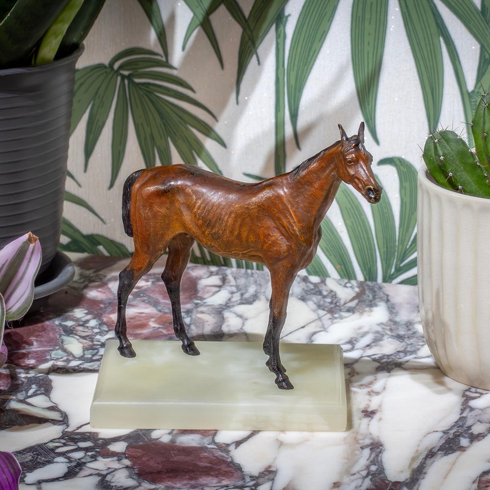 Big Brown Stallion upon a onyx plinth

From our Sculpture collection, we are delighted to offer this Austrian Cold Painted Bronze Horse. The Bronze mounted upon a squared green onyx base with a convex beading border. The horse beautifully cast with