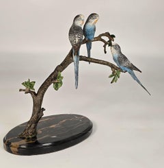 Budgerigars, Austrian bronze cold painted, three sat on a branch, circa 1930
