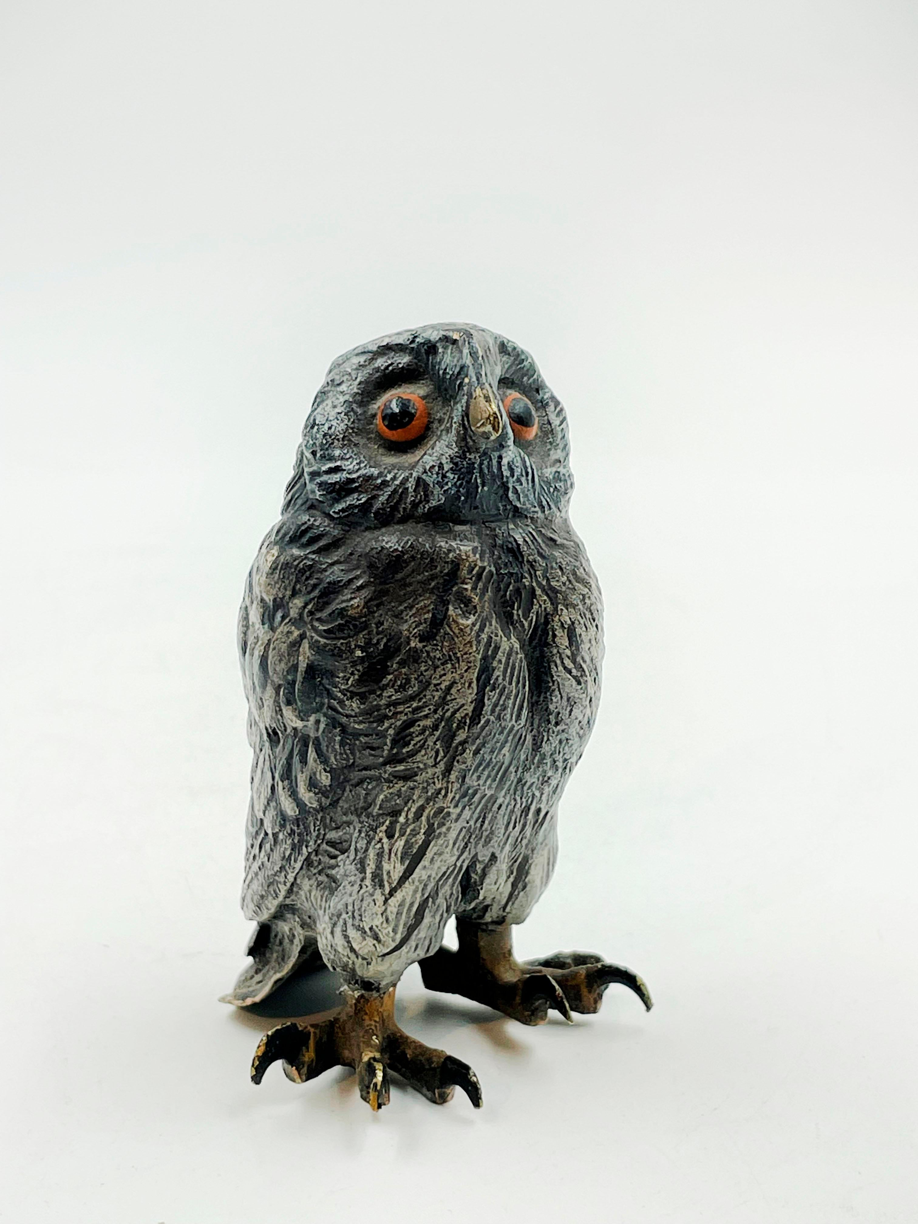 Beautiful Antique Cold Painted Vienna Bronze Owl

A very fine early 20th Century Austrian bronze figure of a barn owl standing on an integral bronze plinth. The bronze study with glass eyes exhibting excellent hand chased surface detail and good