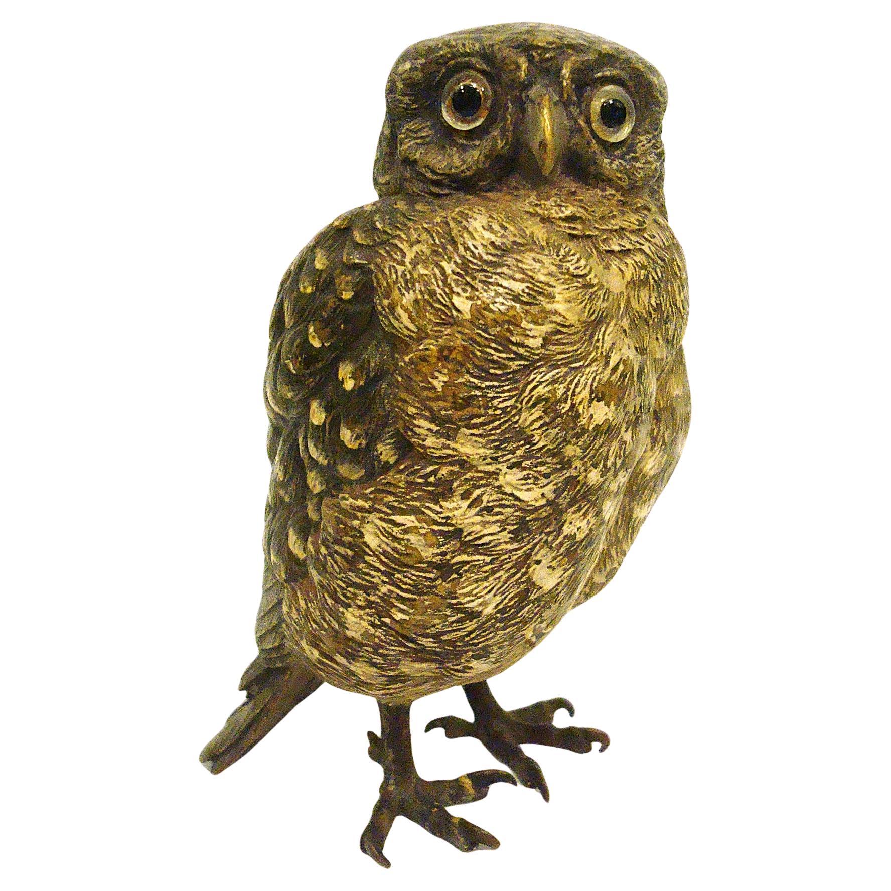 Scultura austriaca di gufo in bronzo dipinto a freddo. Bergmann 1900