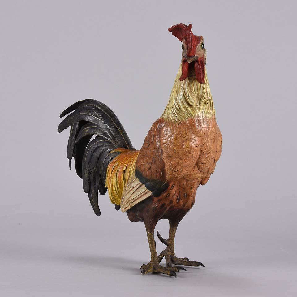 An excellent early 20th century cold painted Austrian bronze study of a proud standing cockerel, with very fine naturalistic colour and detail, signed underneath with the Bergman ‘B’ in an amphora vase.


Franz Bergman ~ Bohemian, 1838 ~ 1894 ~