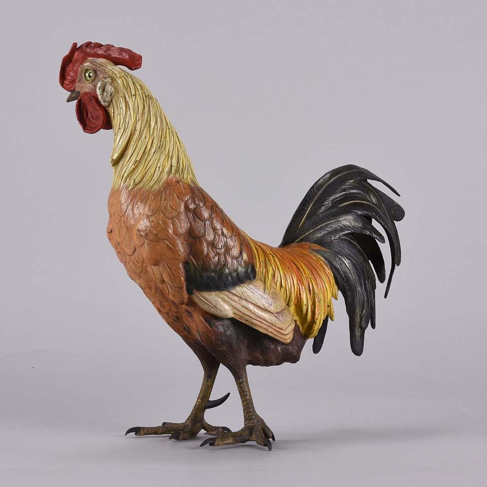 Cold-Painted Austrian Cold Painted Bronze Study 'Cockerel' by Franz Bergman