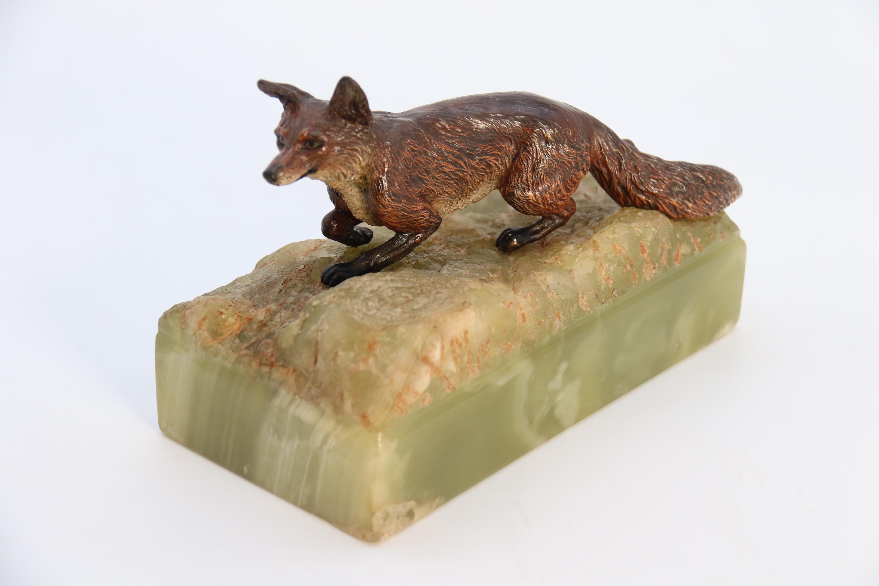  Austrian cold painted bronze study of a fox mounted on a green onyx base c 1920 For Sale 5