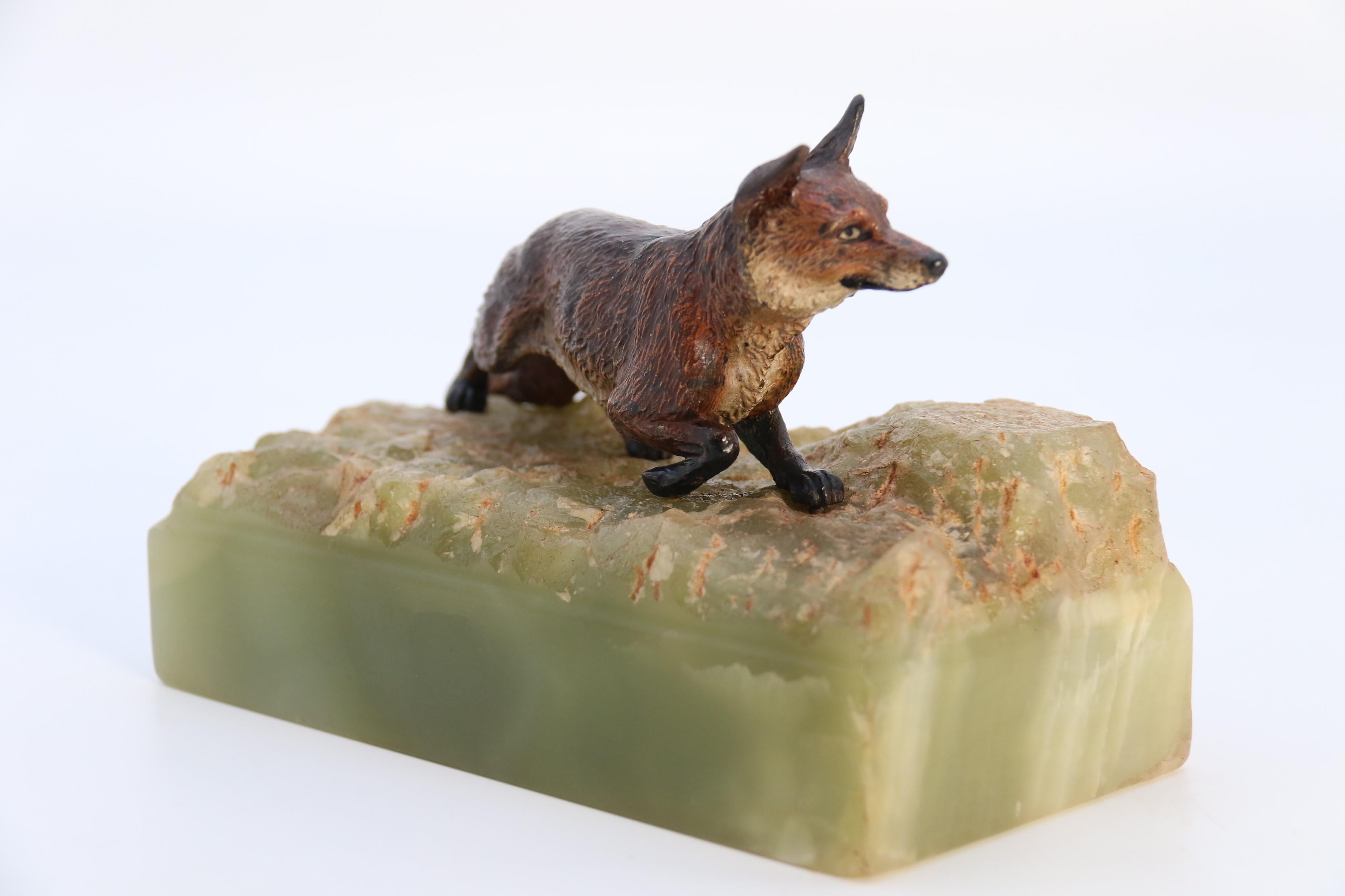 Cold-Painted  Austrian cold painted bronze study of a fox mounted on a green onyx base c 1920 For Sale