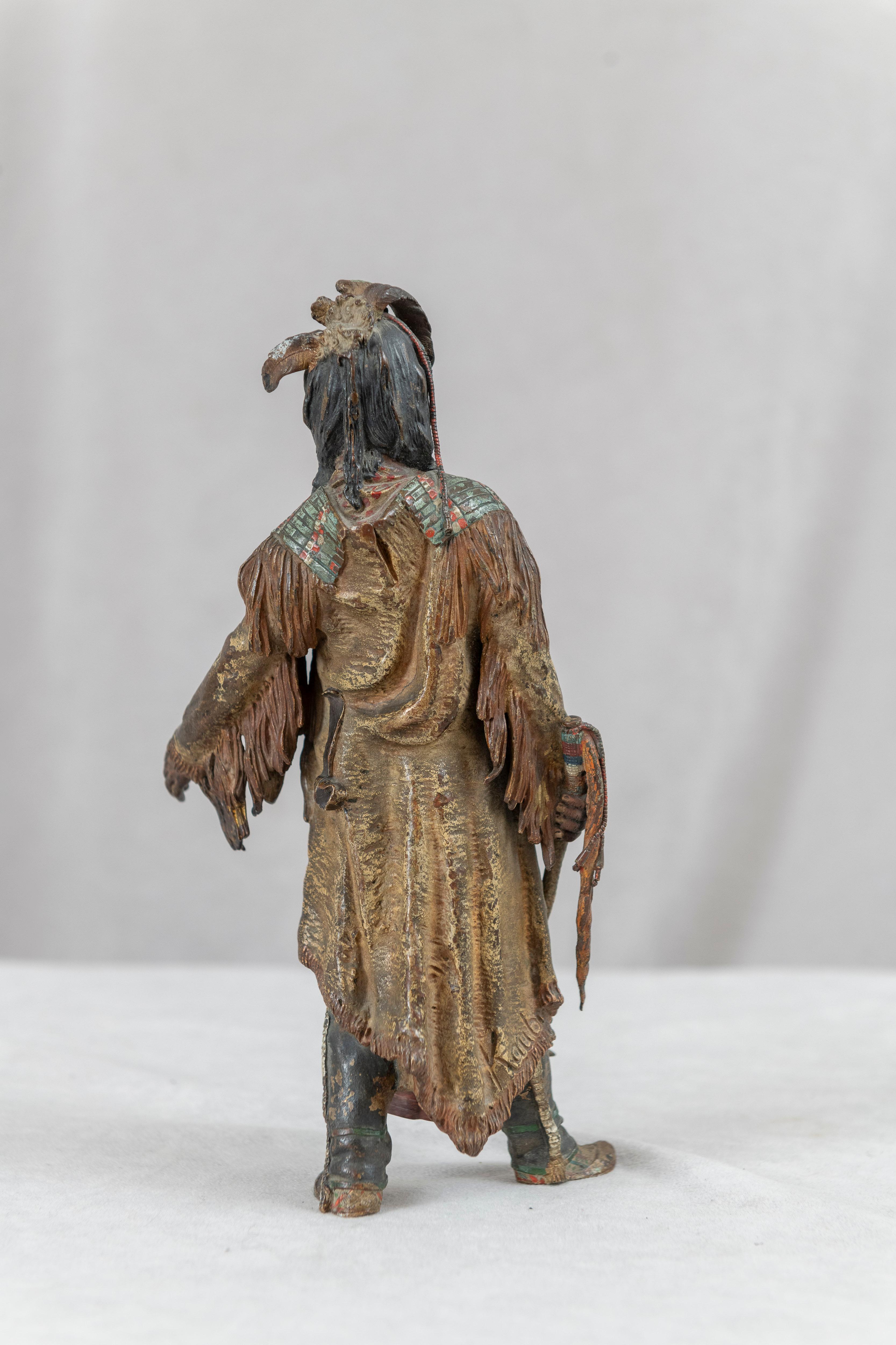 Bronze Austrian Cold Painted Figure of an American Indian, by Carl Kauba (1865-1922)  For Sale