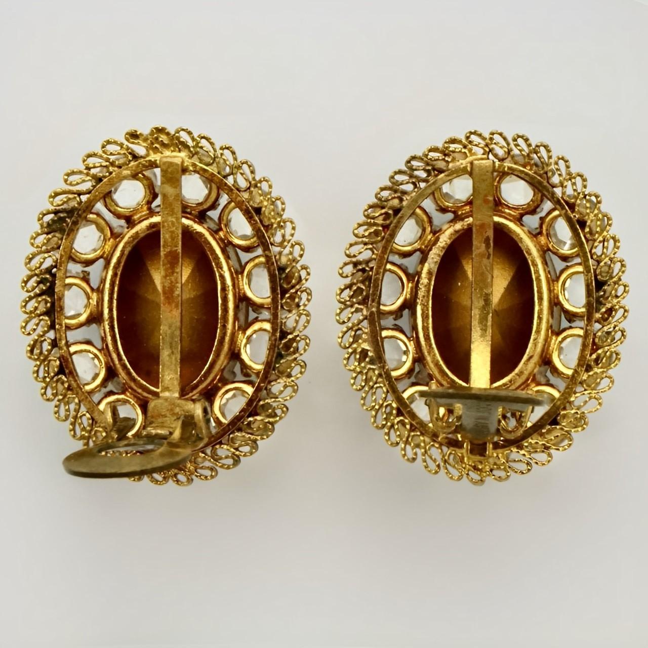 Mixed Cut Austrian Crystal Gold Plated Oval Clip On Earrings circa 1960s For Sale